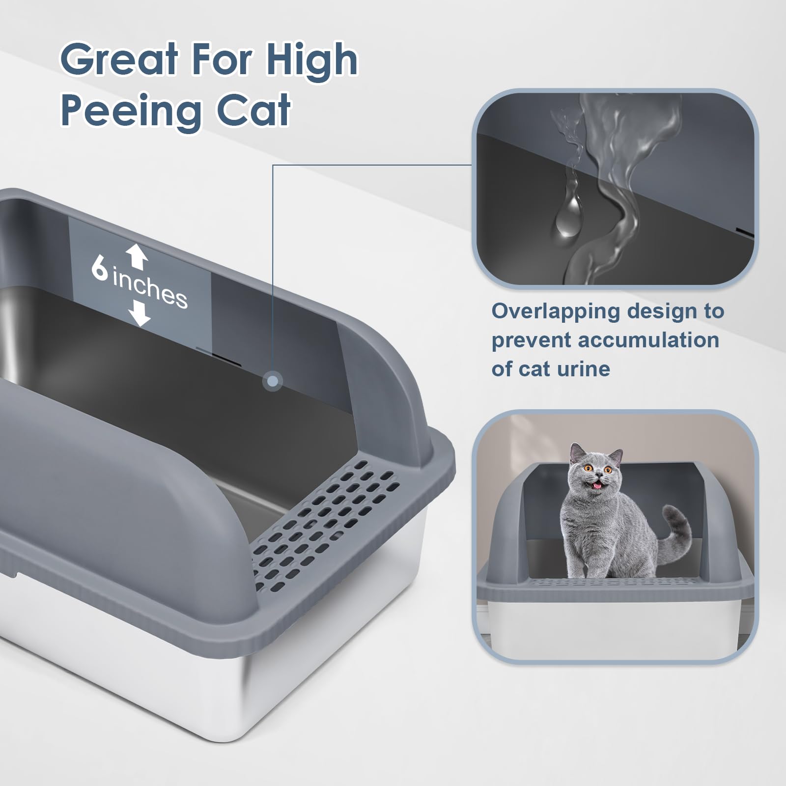 Suzzipaws Enclosed Stainless Steel Cat Litter Box With Lid Extra Large Litter Box For Big Cats Xl Metal Litter Pan Tray With High Wall Sides Enclosure, Non-Sticky, Anti-Leakage (Grey)