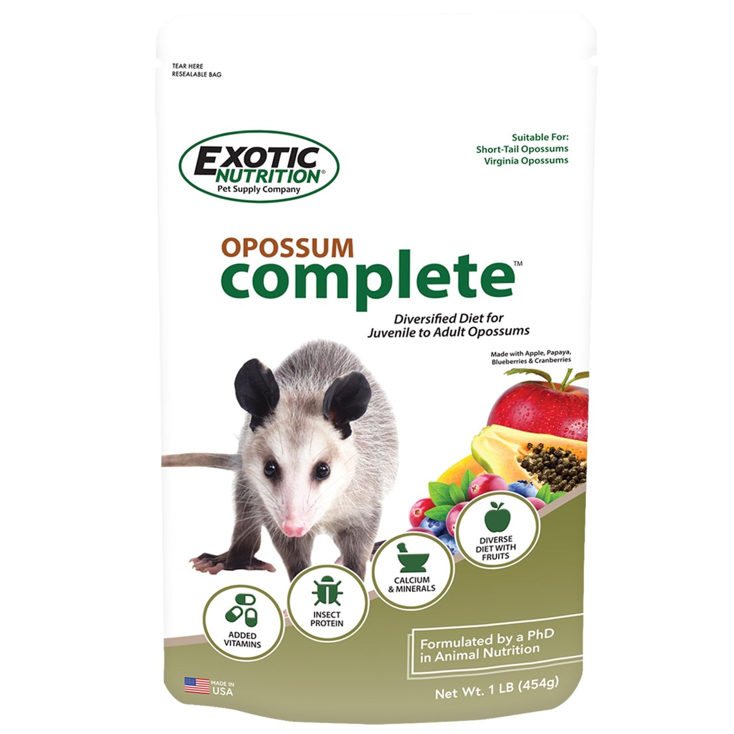 Exotic Nutrition Opossum Complete - Nutritionally Complete Healthy Pellet Diet - Food for Short-Tailed & Virginia Opossums (1 lb