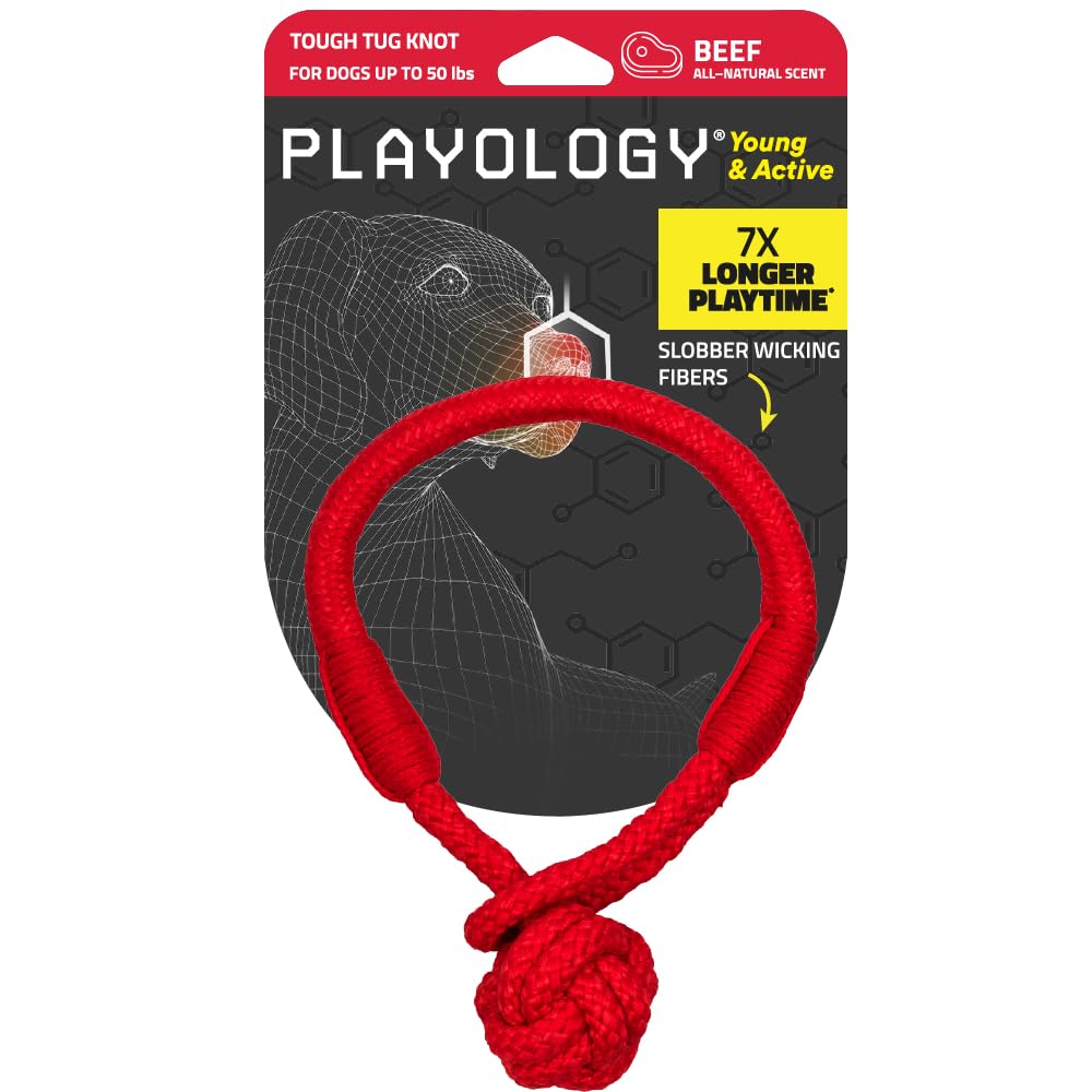 Playology Puppy Tough Knot Tug Toy For Young & Active Dogs | Engaging All-Natural Beef Scented Medium Sized Interactive Tug & Ch