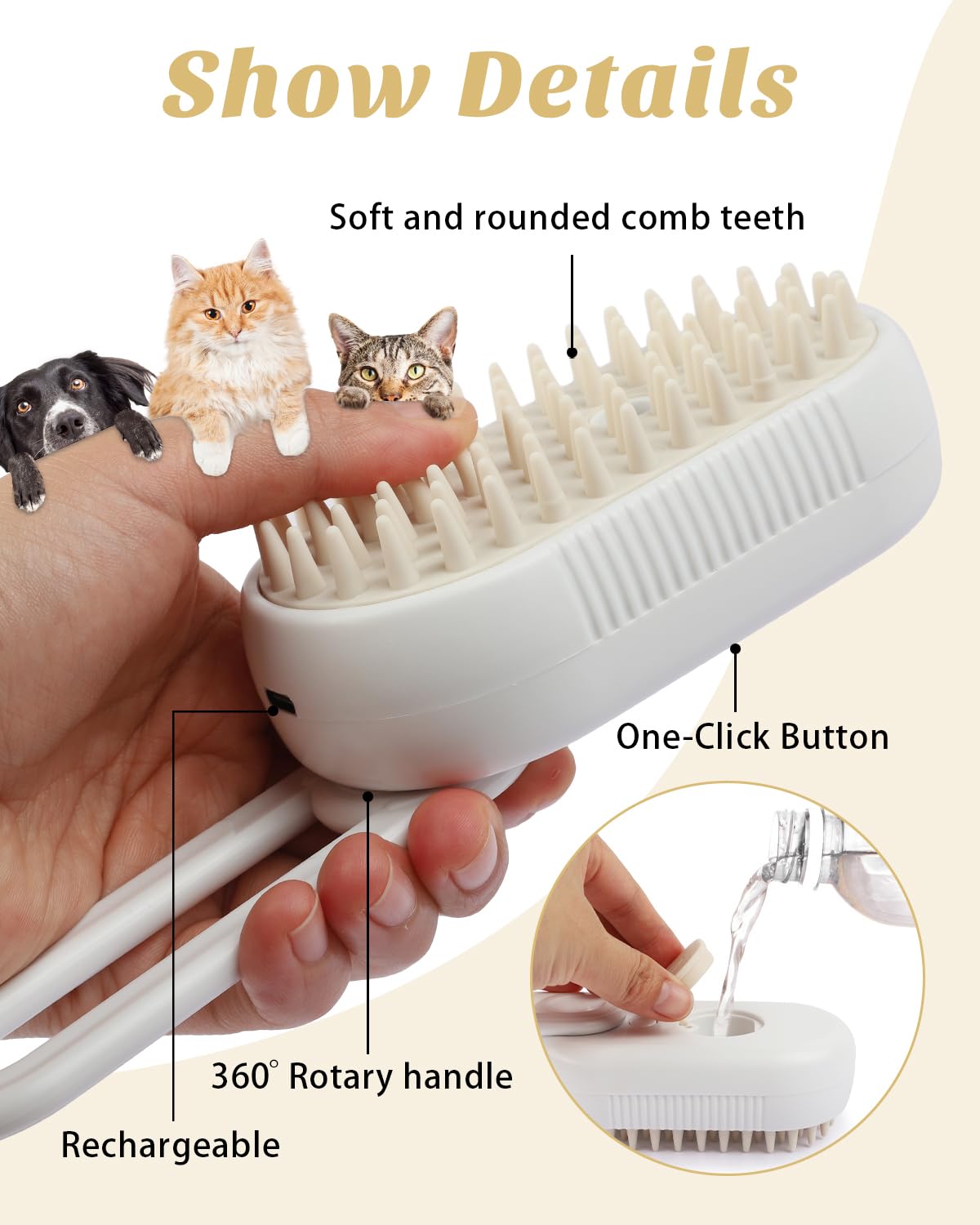 Fdidy 4 In 1 Cat Steam Brush For Shedding, Portable Anti-Static Grooming Comb For Cats & Dogs, Steam Misting Water Brush, Self-C