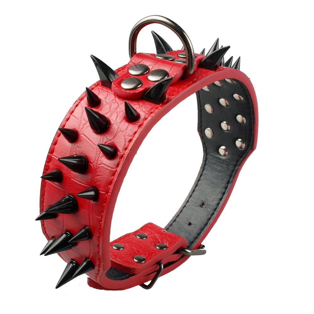Berry Pet Sharp Spiked Studded Dog Collar - Stylish Leather Dog Collars - 2 Inch In Width Fit For Medium & Large Dogs - Such As Pitbull Mastiff - Black Rivets & Red Leather,21-24'