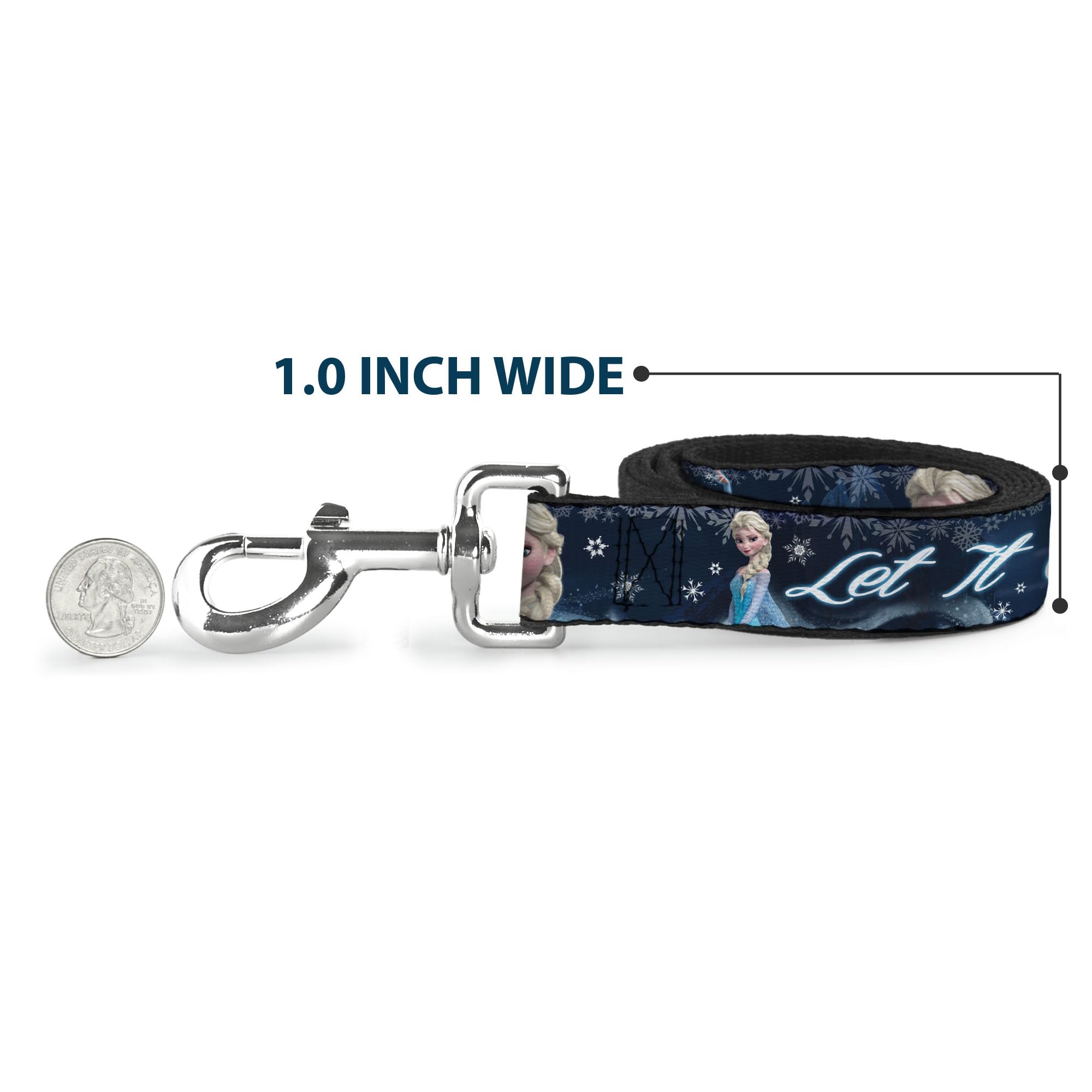Buckle-Down Pet Leash - Elsa the Snow Queen Poses/Snowflakes LET IT GO Blues/White - 6 Feet Long - 1.5 Wide