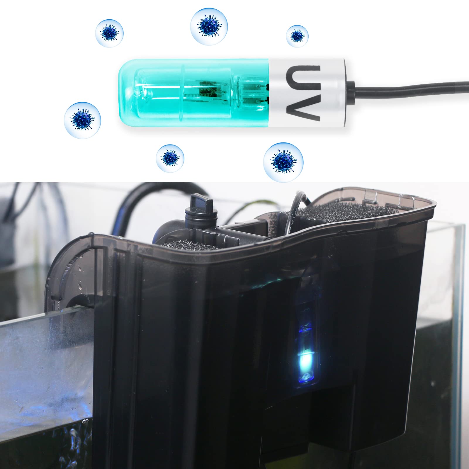 Aquarium Lamp 3W Mini Fish Tank Clean Green Light Submersible Use in Filter Area for 5-55 Gallon Fish Tank Pond Cloudy Water Cle