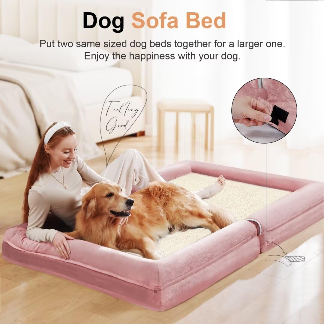 Large Dog Bed Orthopedic Washable: Jumbo Dog Bed Bolster Extra Large Dogs Egg Crate Foam Sofa Couch Waterproof Removable Cover - Pink