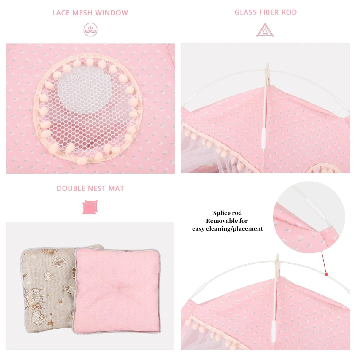 Cat Bed Tents Dog House Indoor Outdoor Lace Mesh Breathable Windows Door Curtains Removable Portable Nest Teepe House (Small,Pin