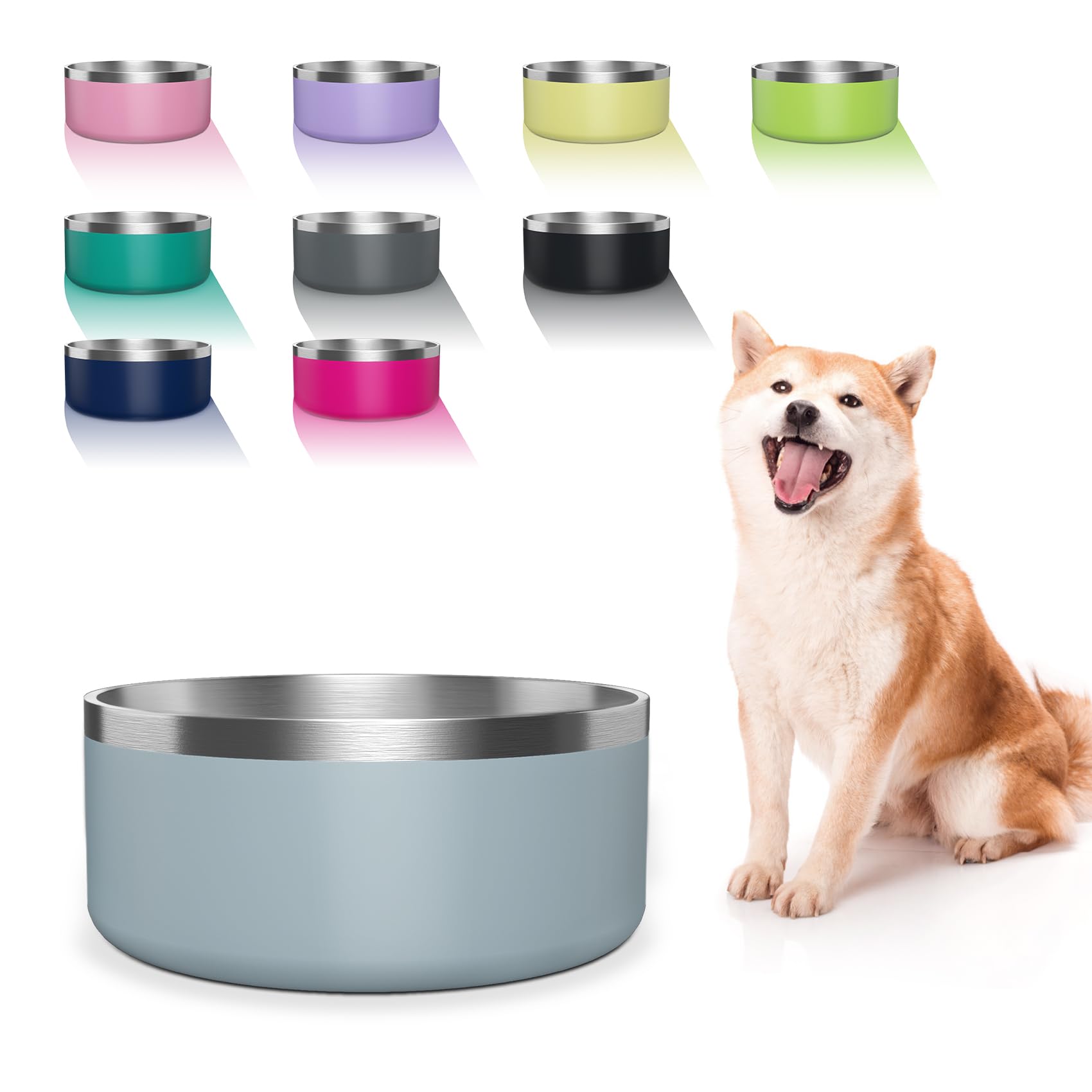 WENBOKMIN Stainless Steel Bowls for Large Dogs, 64 Ounces/8 Cup Food and Water Bowl, Double Wall Weighted Dish, Rustproof Metal 