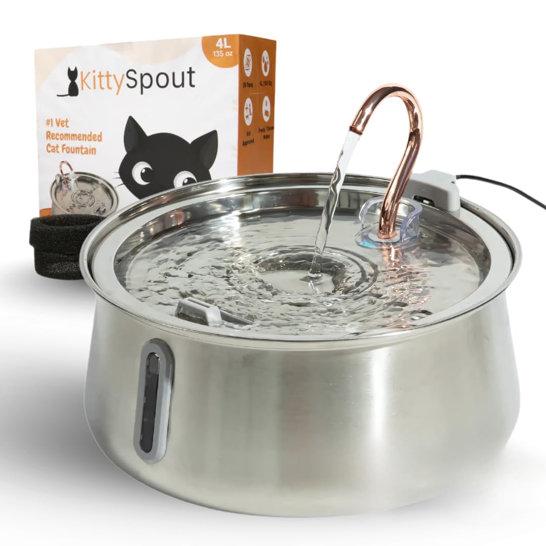 KittySpout Stainless Steel Cat Water Fountain Automatic Drinking Fountain, Quiet Circulating Water Bowl, Dishwasher Safe, Indoor