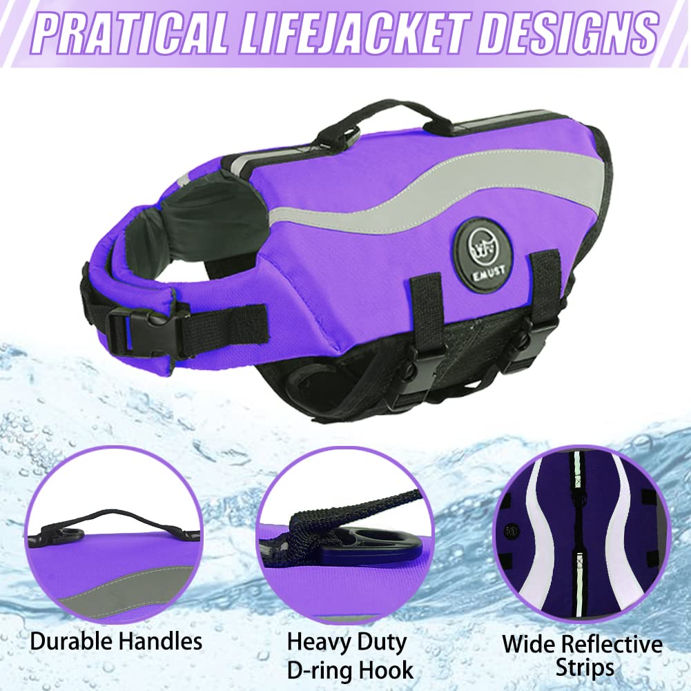 Emust Dog Life Vests - Adjustable Dog Life Jackets With Front Float, High Visibility Safety Swimsuit For Medium Dogs, Purple