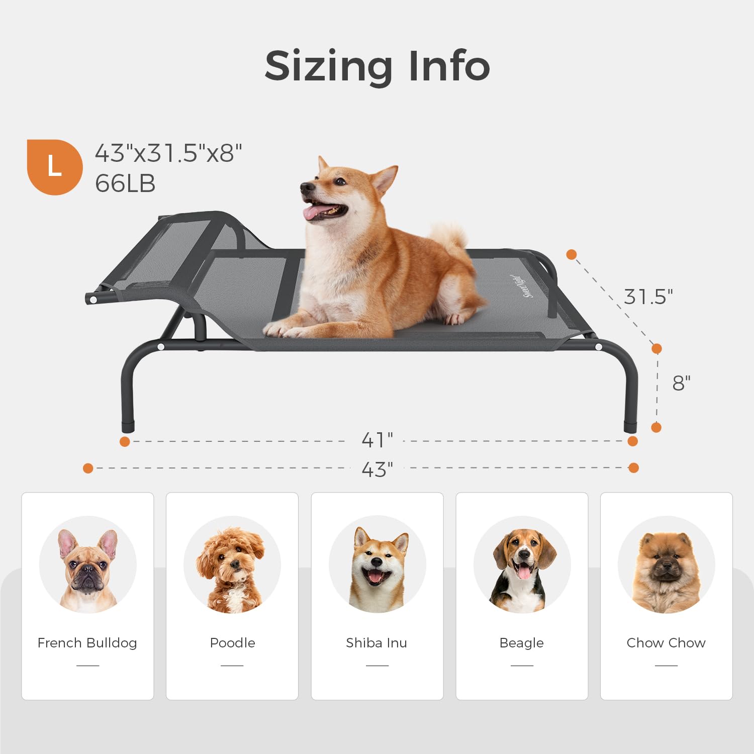 Sweetnight Elevated Dog Bed with Headrest for Large Dogs | Waterproof Raised Dog Cot for Outdoor - 43inch Heavy Duty Steel Frame