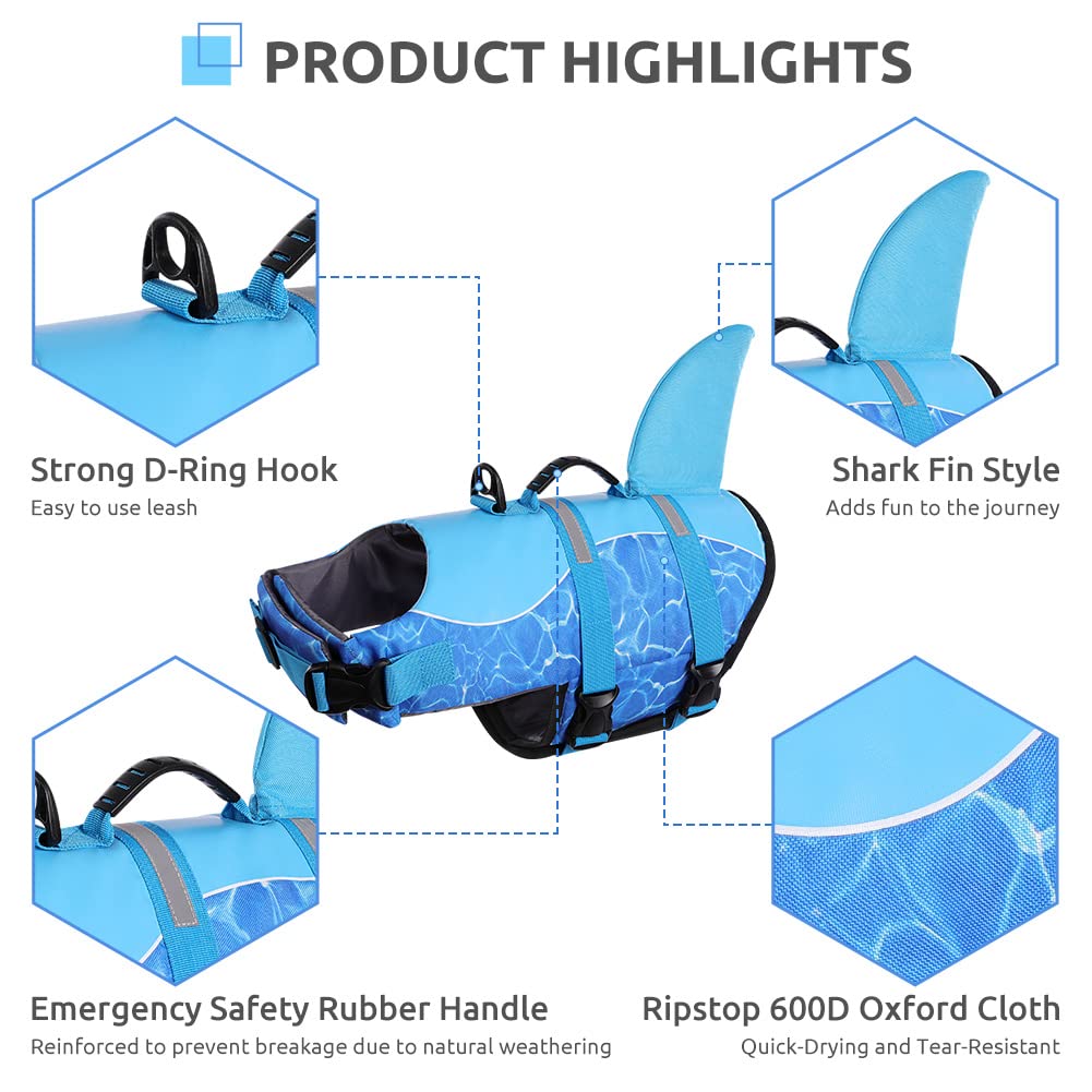 Queenmore Shark Dog Life Jacket For Swimming, High Buoyant Adjustable Vest For Dogs (Blue, L)