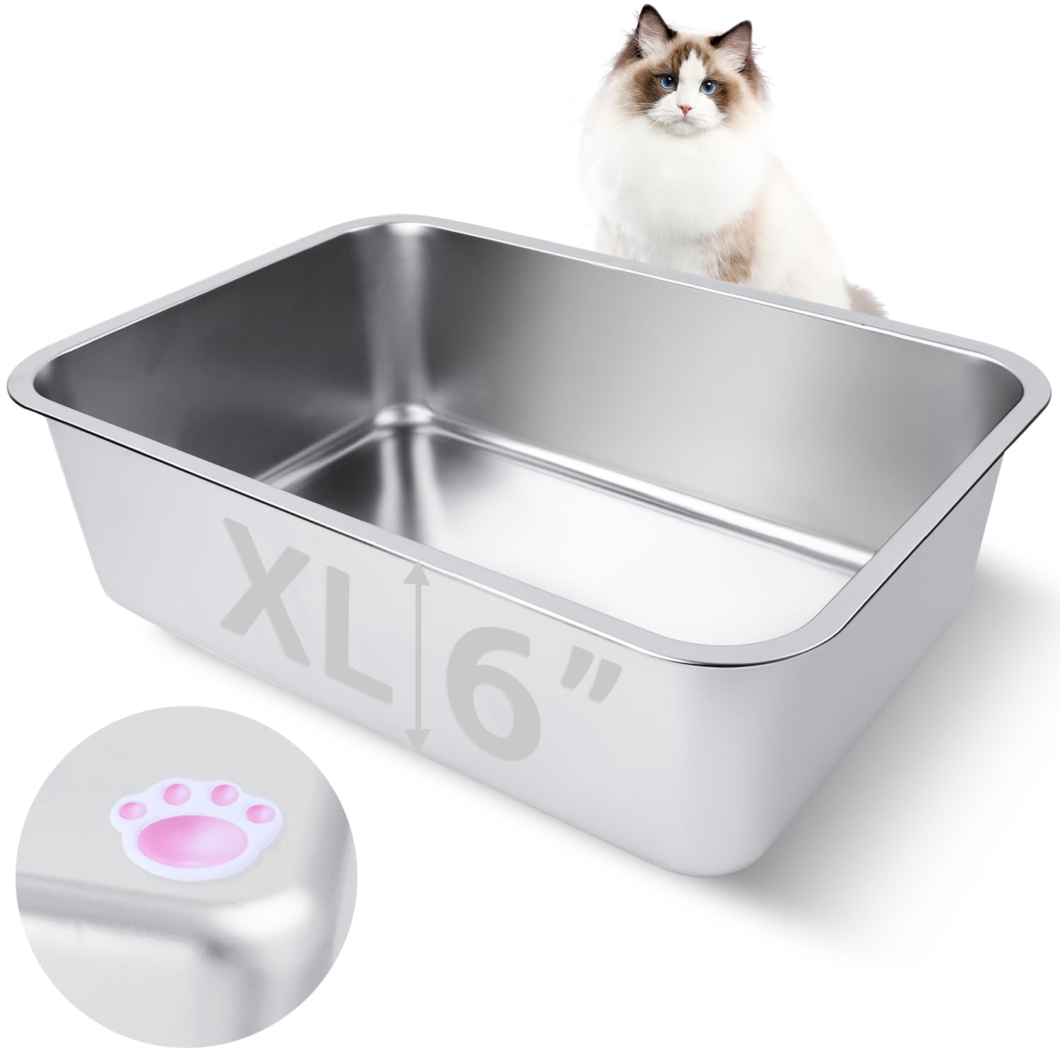 HNeekyr Stainless Steel Cat Litter Box for Adult Cats or Kitty/Kitten 19.5x13.6x6 Rust-Proof, High Side, Non Stick, No Smell, Ea