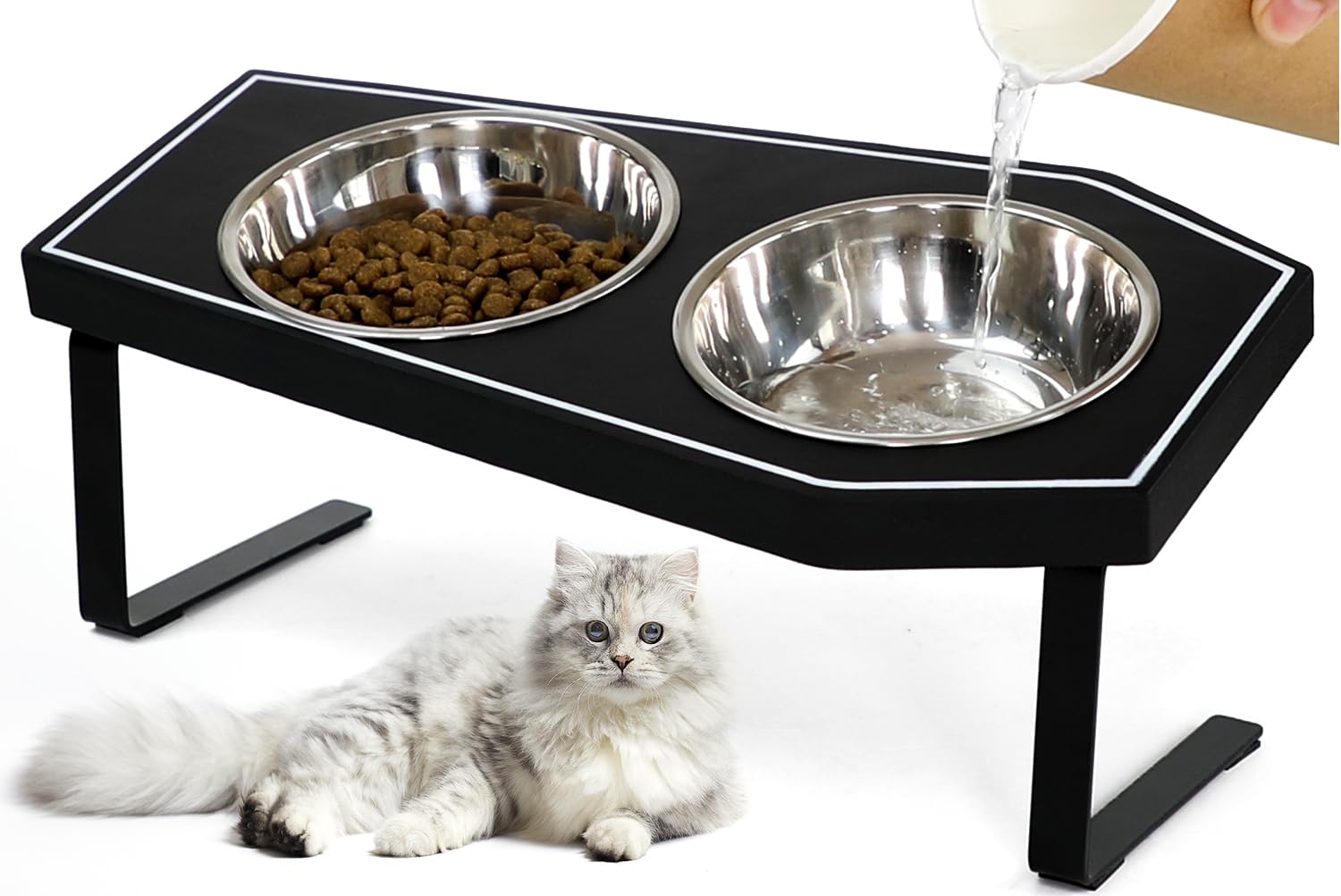 Cat Food Bowls Elevated, Gothic Cat Bowls, Raised Cat Bowls for Indoor Cats with Non-Slip Stand & Wood Board, Stainless Steel an