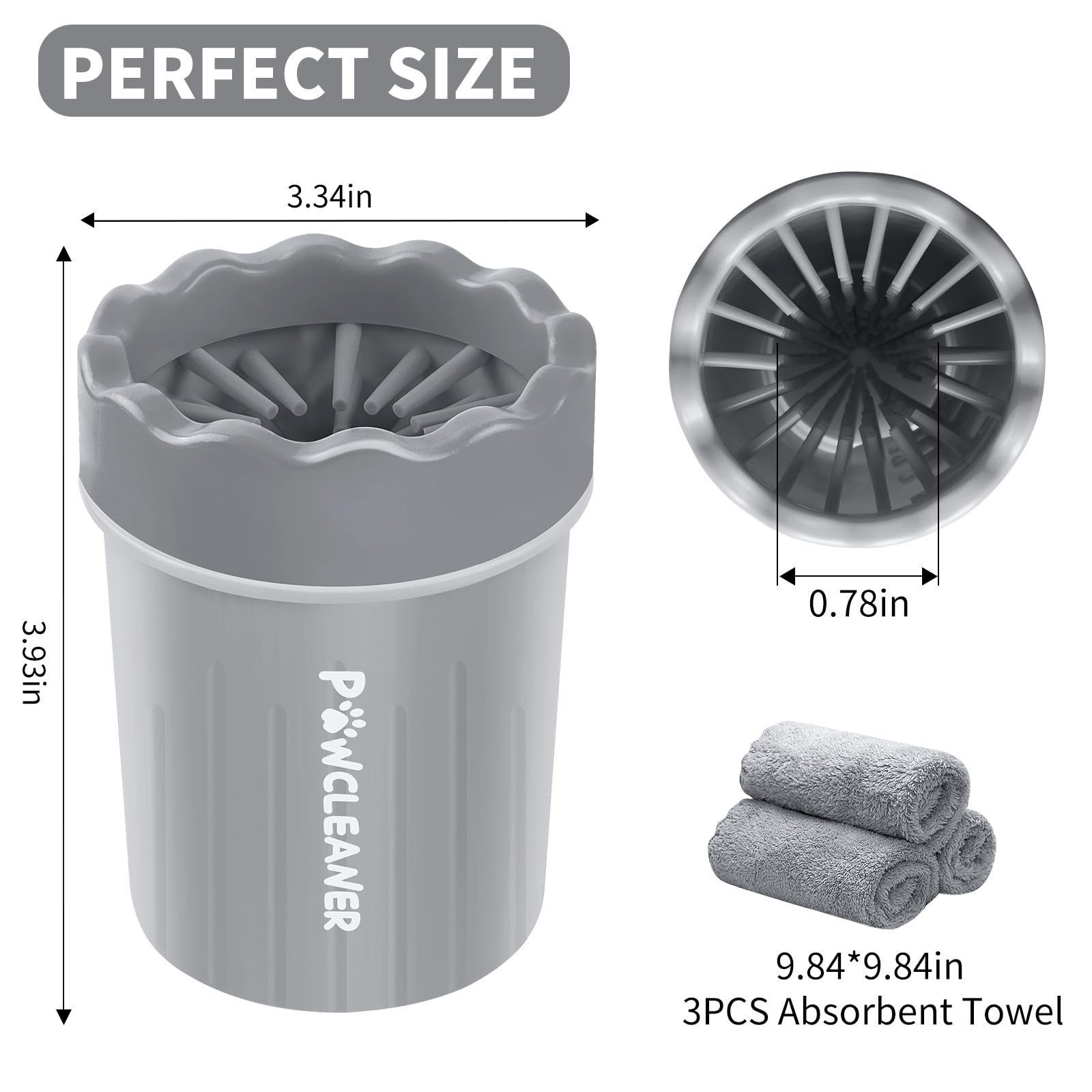 Comotech Portable Pet Paw Washer And Foot Cleaner With Silicone Brush, 3 Absorbent Towels For Small Dogs (Grey)
