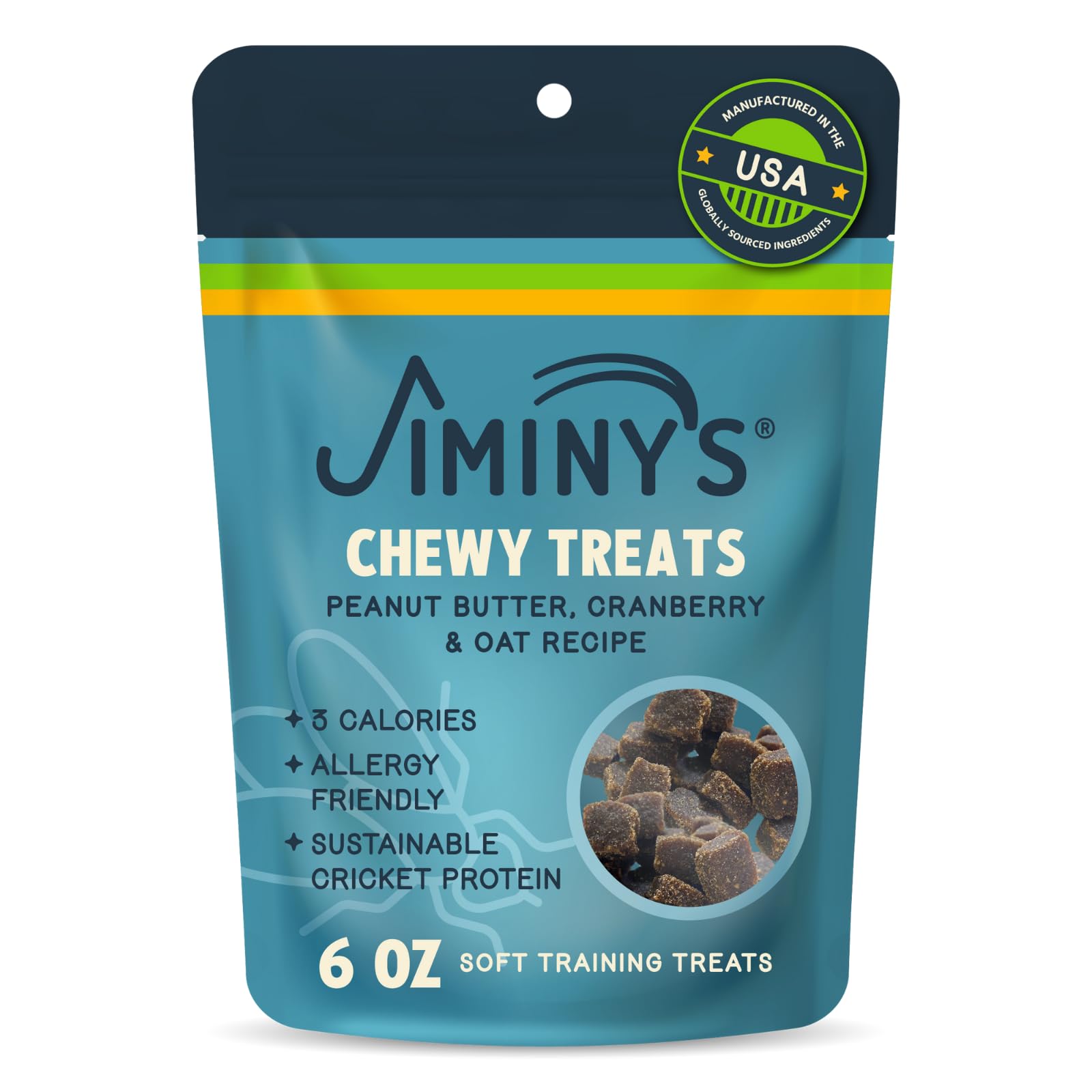 Jiminys Chewy Training Treats for Dogs, Low Calorie, Hypoallergenic Insect Protein, Made in USA, 6oz, Peanut Butter & Cranberry