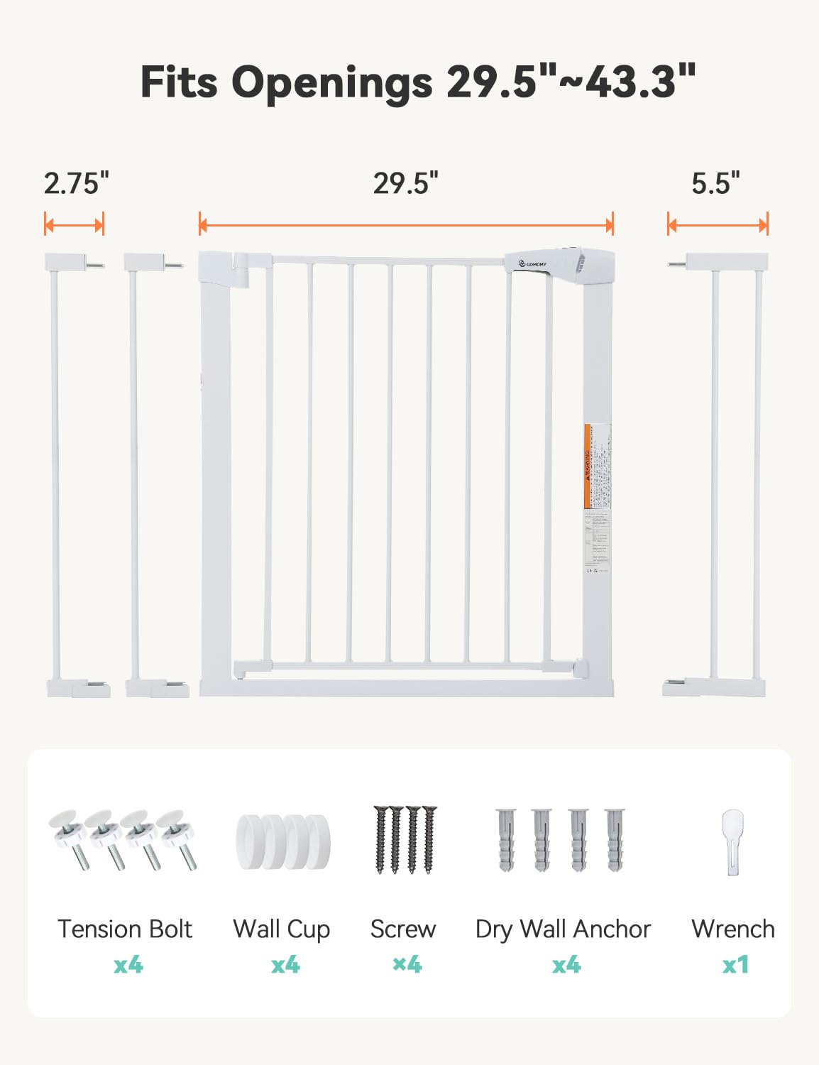 Comomy 30' Tall Baby Gate For Stairs Doorways, Fits Openings 29.5' To 43.3' Wide, Auto Close Extra Wide Dog Gate For House, Pressure Mounted Easy Walk Through Pet Gate With Door, White