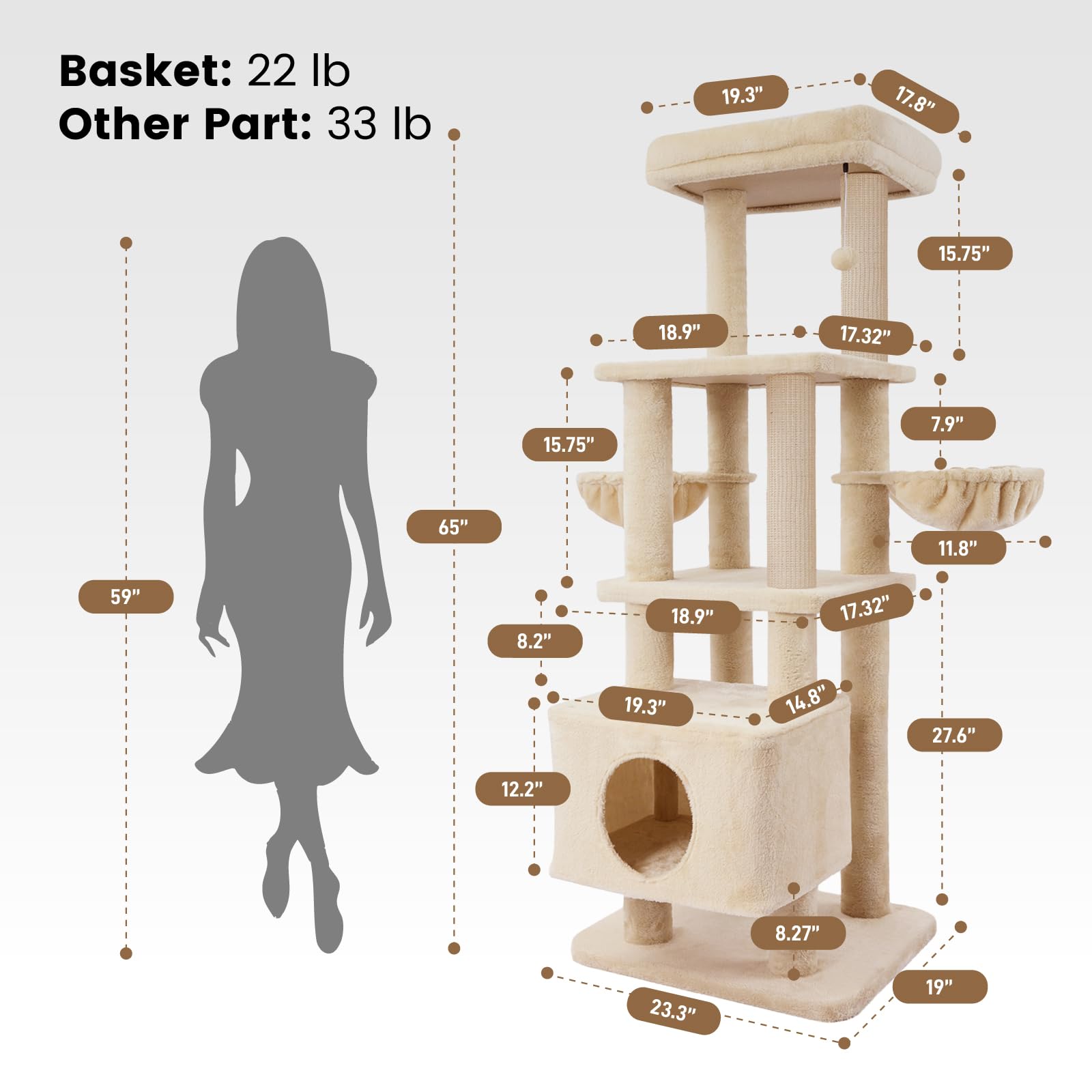 Gardner Pet 65in Heavy Duty Cat Tree Tower, Multi-Level Cat Furniture, Replaceable Sisal Post, Beige, Model GP01E0725YL