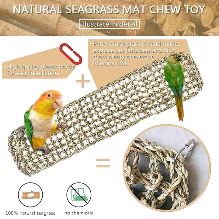 Bird Seagrass Mat,Natural Seagrass Woven Net Bird Foraging Chew Wall Toys Parakeet Hammock Mat With Hooks For Lovebird Cockatiel Conure Budgie,Size 28.3' X 6.7' And 11.81' X 11.81'(2 Pcs)
