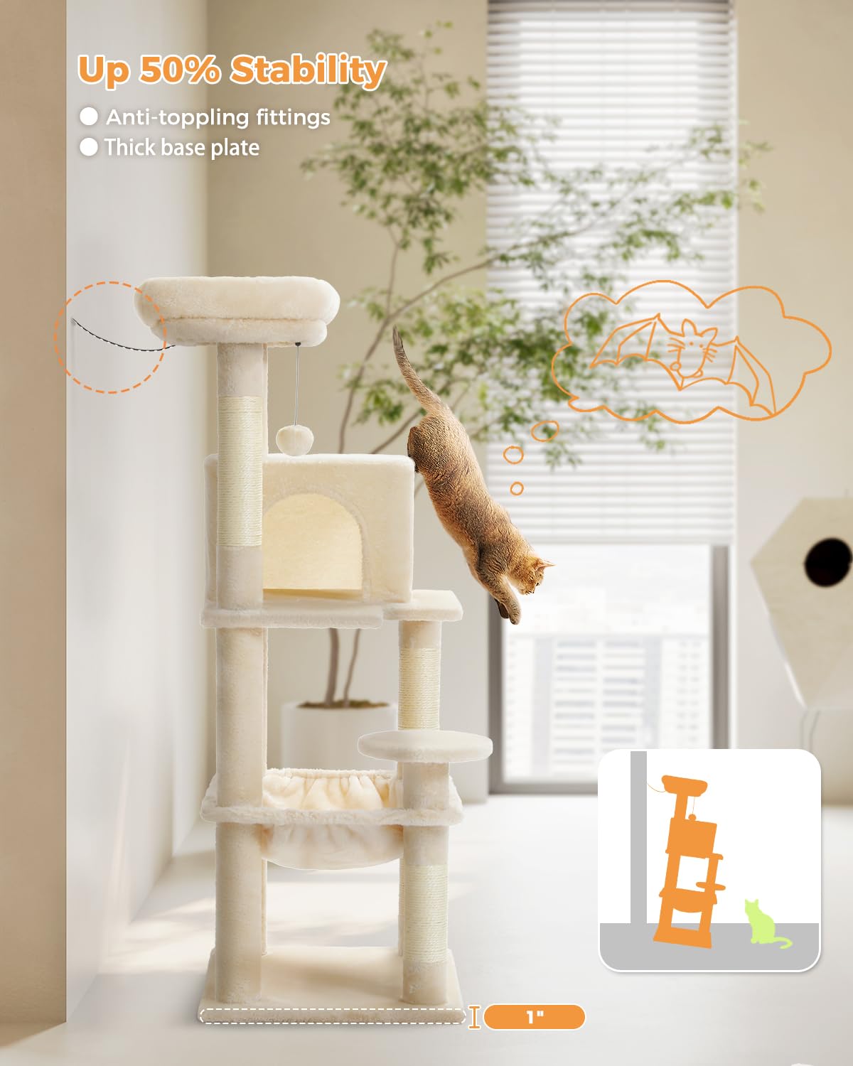 Muttros Cat Tree For Indoor Cats, 45.7'' Multi-Level Cat Tower With Large Metal Frame Hammock, Cat Condo With 4 Scratching Posts