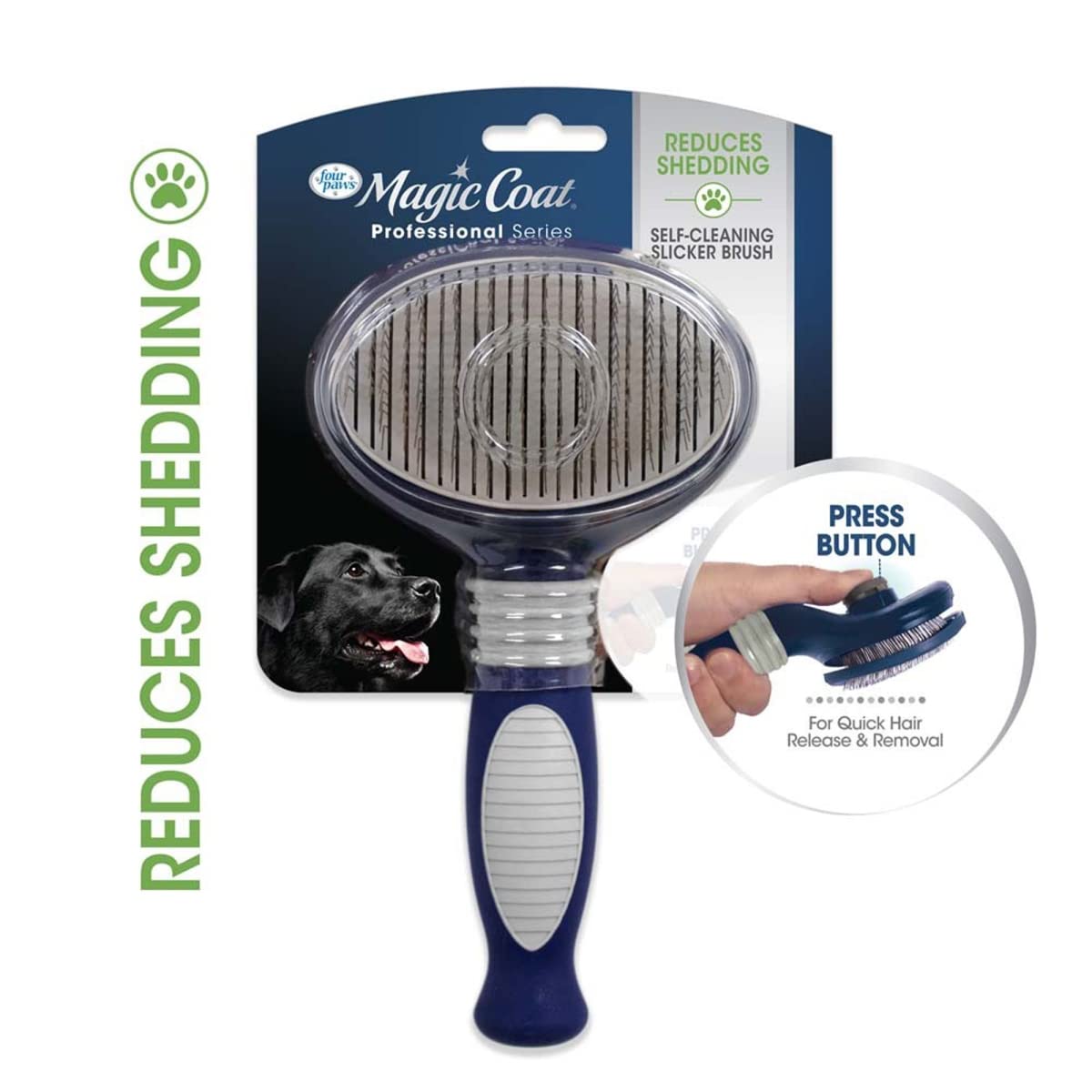 Four Paws Slicker Brush, Professional Series Grooming Brush For Dogs & Cats, Self-Cleaning, Reduces Shedding, All Coat Types, Blue & Grey