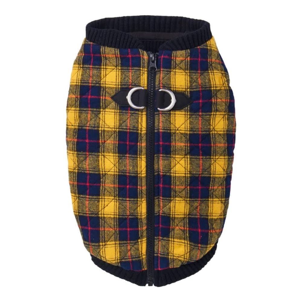 Gooby Fashion Vest Check Dog Jacket - Yellow Check, Small - Warm Zip Up Dog Bomber Vest Dual D Ring Leash - Winter Water Resista