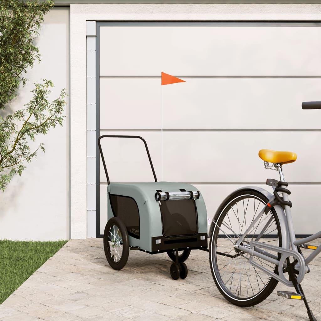 vidaXL Pet Bike Trailer - Grey/Black Oxford Fabric/Iron - 3 Wheels - Zippered Doors - Reflectors & Flag for Safety - 99.2 lb Capacity