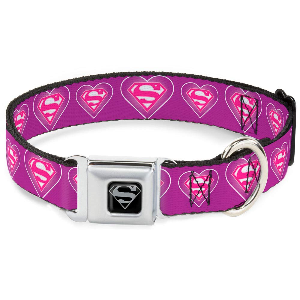 Buckle-Down Seatbelt Buckle Dog Collar - Superman Logo In Heart Purple/White/Pink - 1.5' Wide - Fits 18-32' Neck - Large
