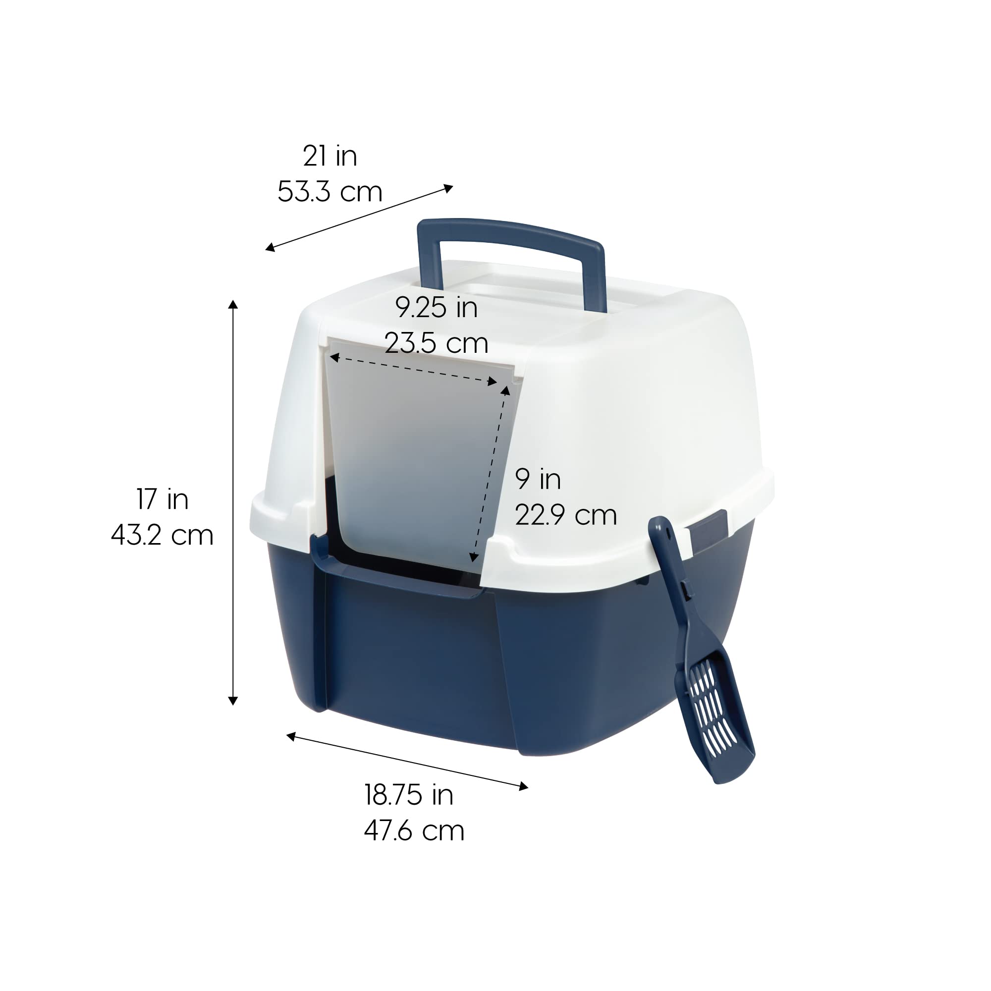 IRIS USA Jumbo Enclosed Cat Litter Box - Navy/White, Plastic, Front Door Flap, Handle & Buckles for Portability, Model 588423