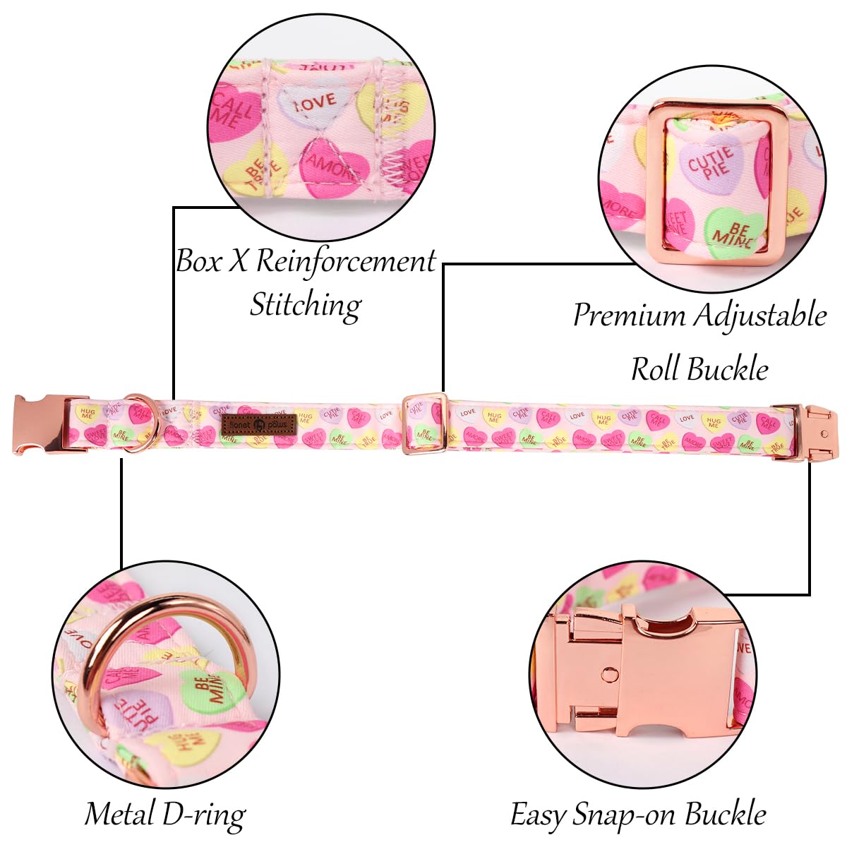 Lionet Paws Valentine'S Pink Dog Collar, Cute Heart Dog Collar For Medium Dogs, Adjustable Cotton Pet Collars For Small Medium D