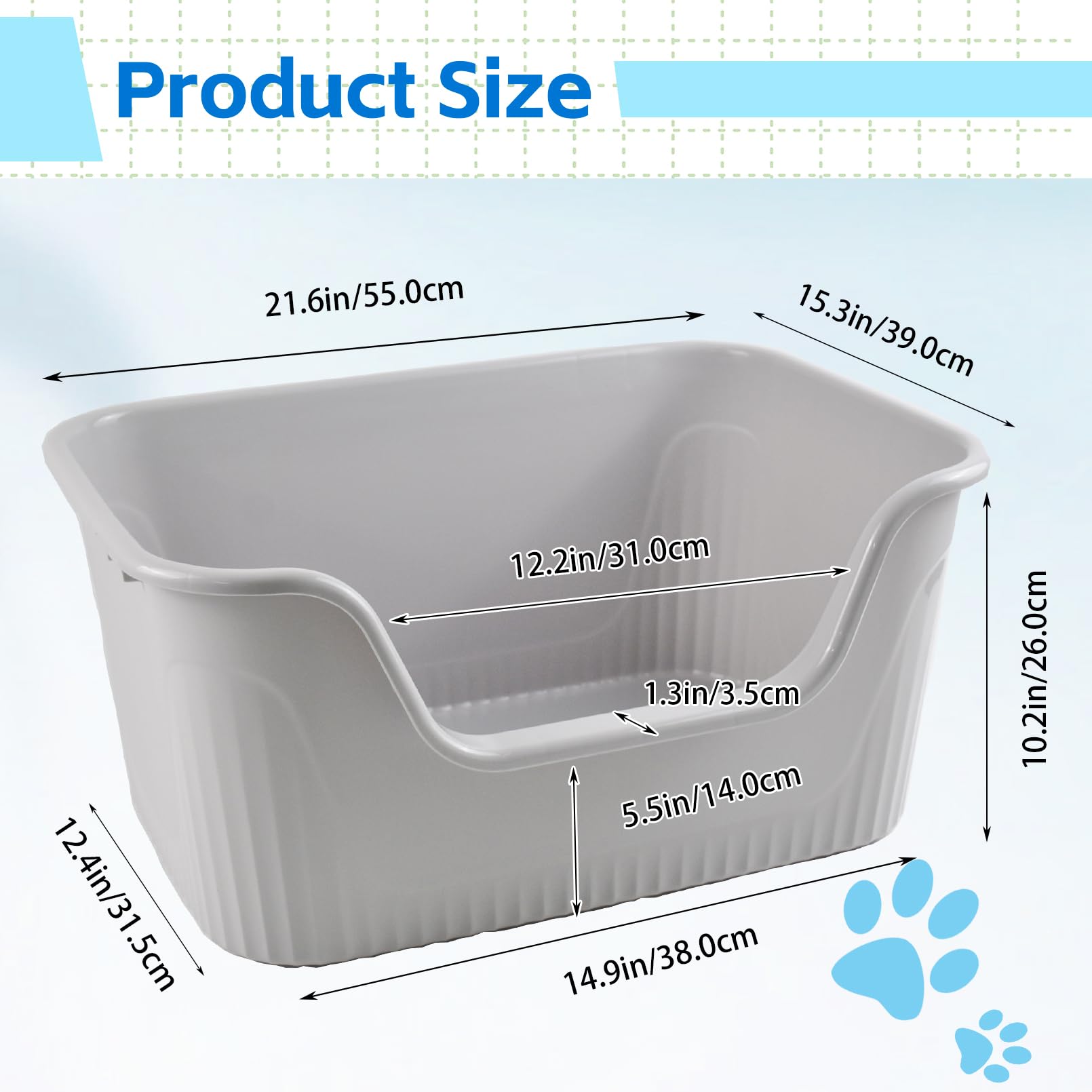 Muyg Extra Large Litter Box 21.45 X 16.14 X 10.43 Inches, Cat Box High Side One Piece Jumbo Litter Pan Anti Splashing Low Entry