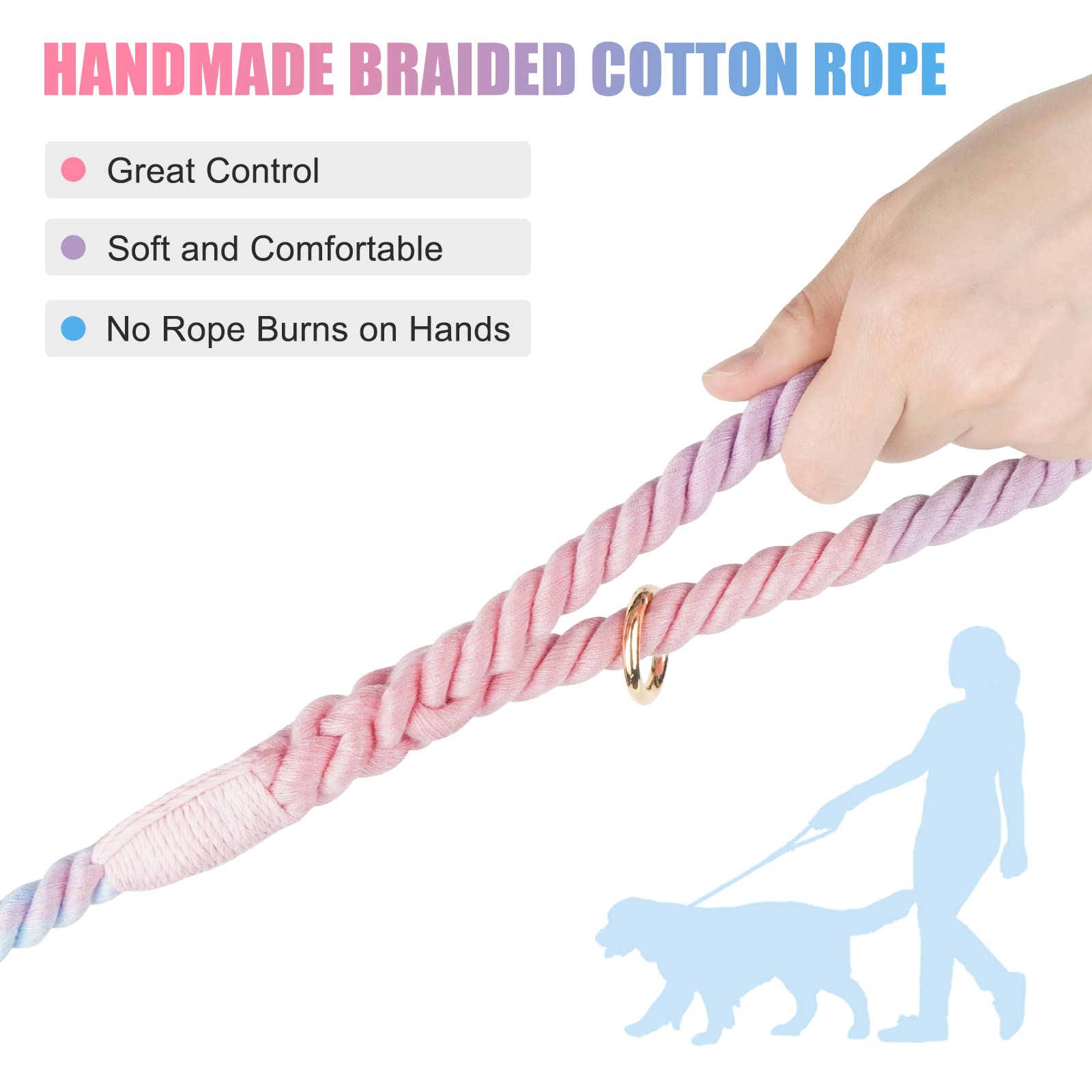 Nugutic Rope Dog Leash Handmade Braided Cotton Rope Leashes With Heavy Duty Metal Clasp, Cute Dog Leash, Wedding Dog Leash (Colorful Macaron, 5 Ft)