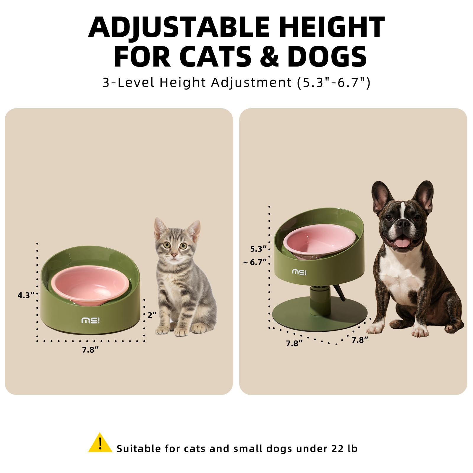 MS!MAKE SURE Adjustable Raised Cat Bowls, Ceramic Elevated Cat Bowls, Pet Bowl with Anti - Slip Rubber Pad, Leak - Proof, Lead &