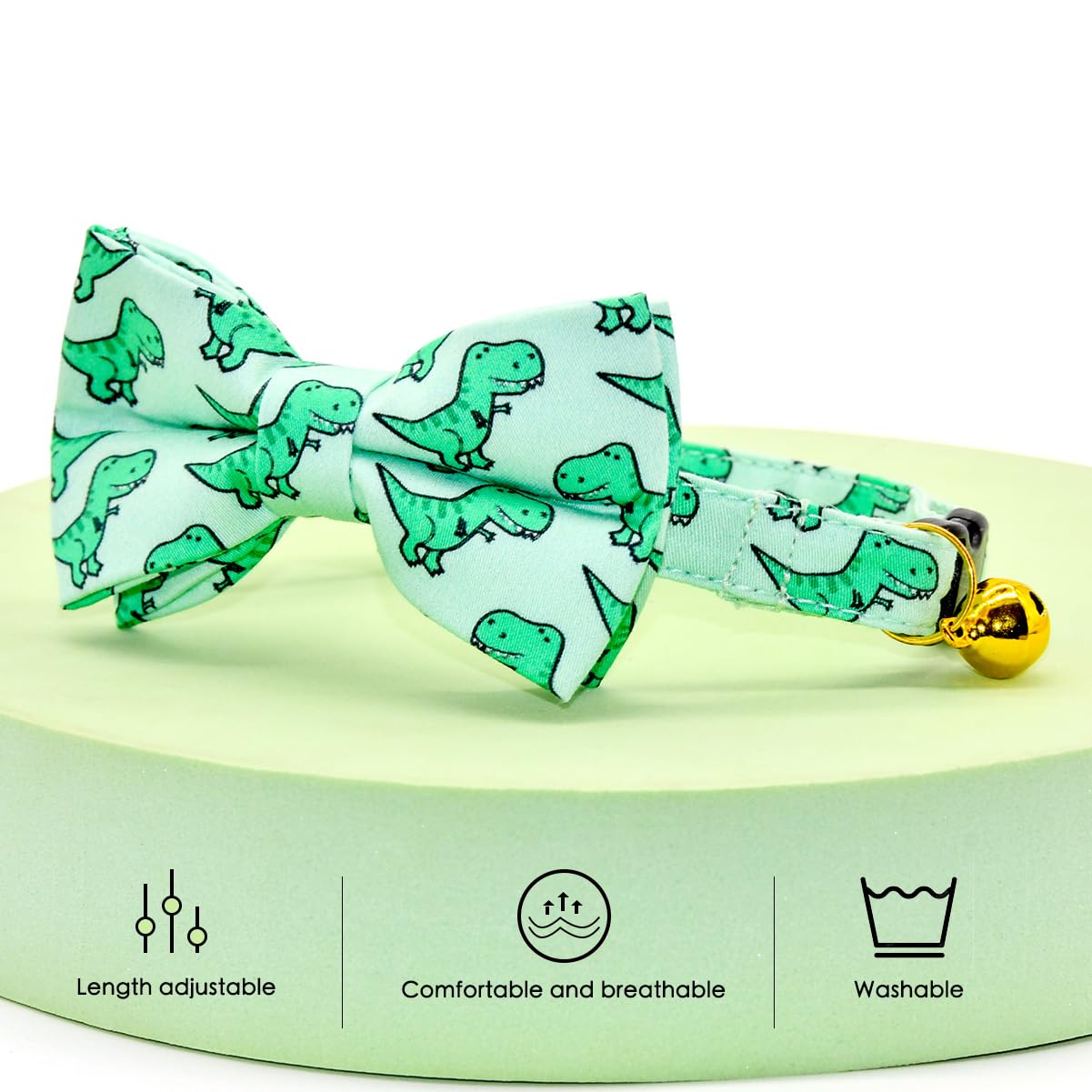 Cat Bow Collar, Green Dinosaur Pattern, Quick Release Safety Buckle, (6 - 10)