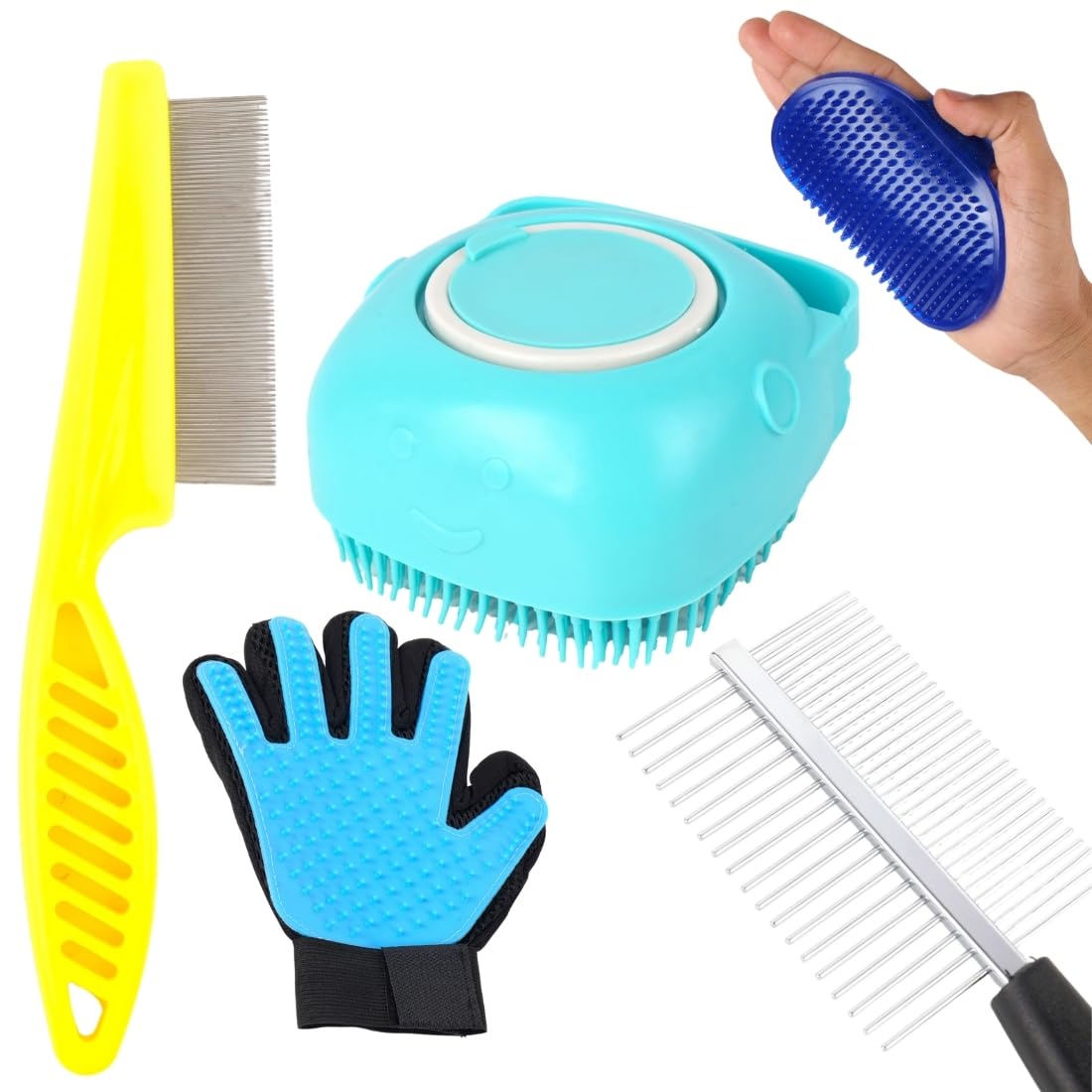 Pet Grooming Kit With Silicone Brush, Metal Comb, Deshedding Glove, Yellow Detangling Brush, Blue Massage Tool For Dogs(Pack Of 