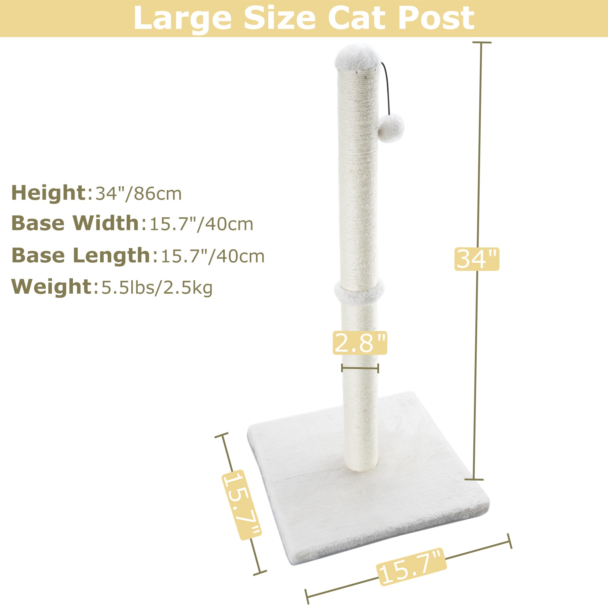 Dimaka 34' Tall Cat Scratching Post For Indoor Cats And Kittens, Cat Activity Scratcher Premium Sisal Rope Scratch Tree (Beige)