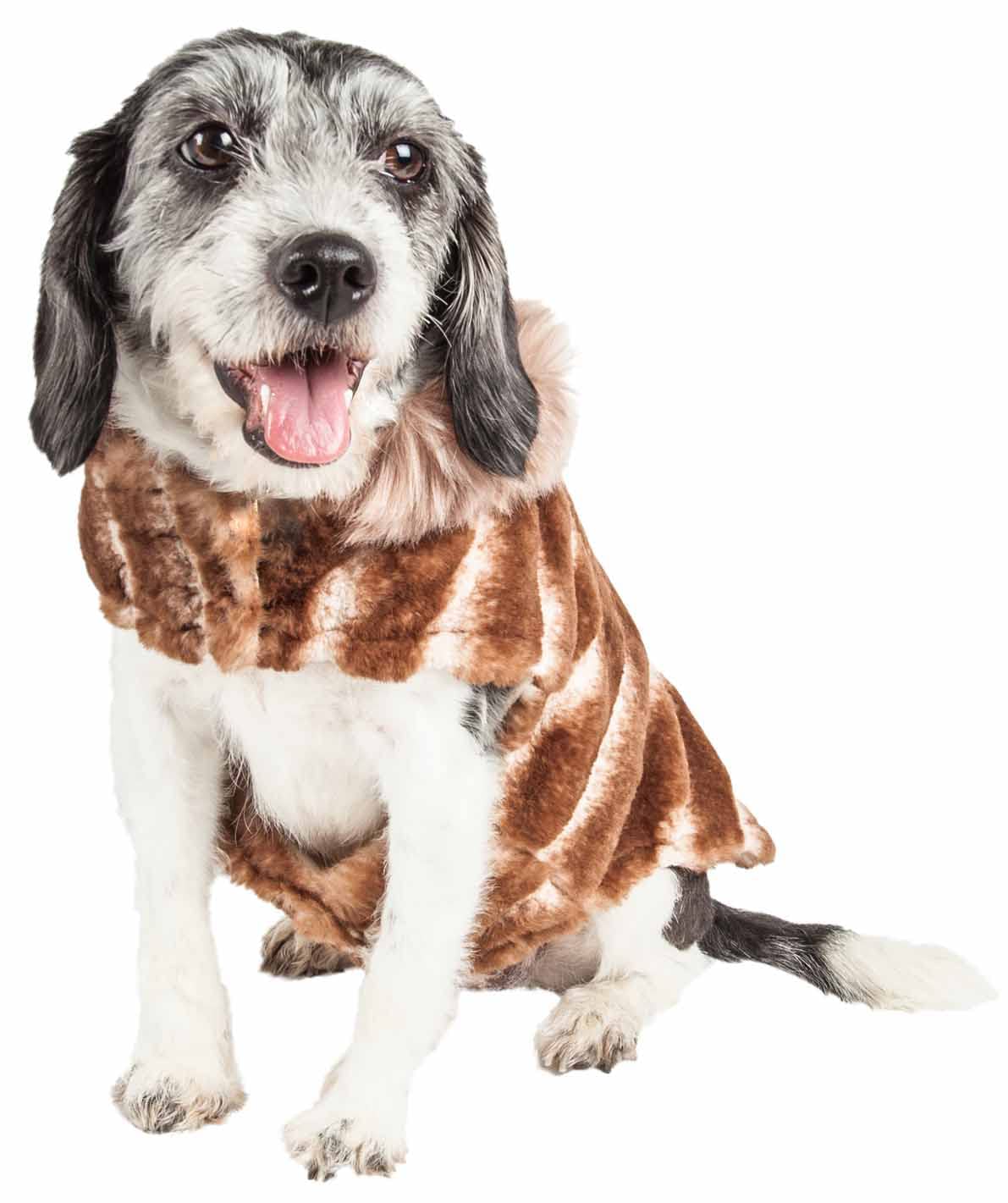 Pet Life ® Luxe 'Tira-Poochoo' Tiramisu Patterned Mink Fur Dog Coat - Dog Jacket with Hook-and-Loop Belly enclosures - Winter Dog Coats for Small Medium Large Dog Clothes