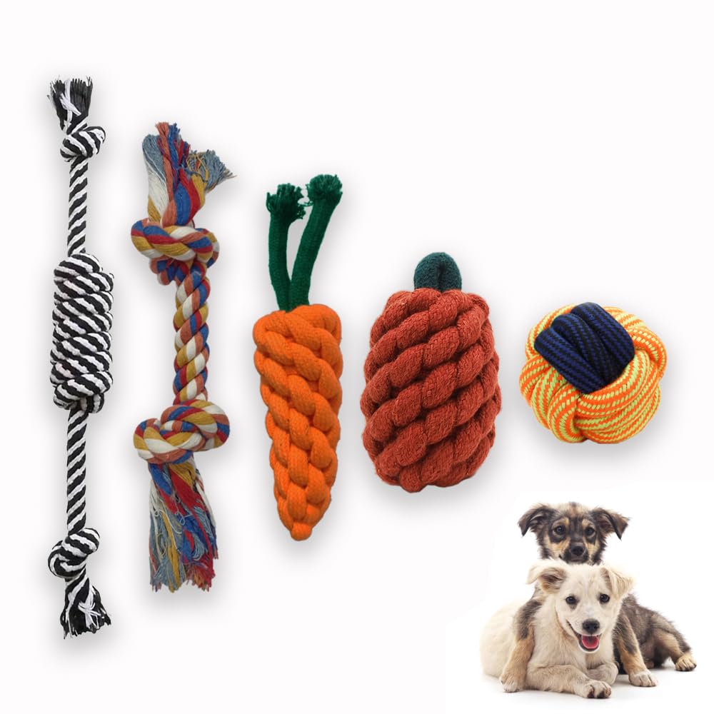 Combo Pack Of 5 Rope Chew Toys For Puppies & Dogs | Durable Cotton Tug & Teething Play Set | Color May Vary