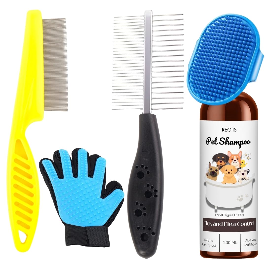 Regiis Pet Grooming Kit With Shampoo, Tick And Flea Control, Double Sided Metal Comb, Deshedding Glove, Massage Brush, Blue And 