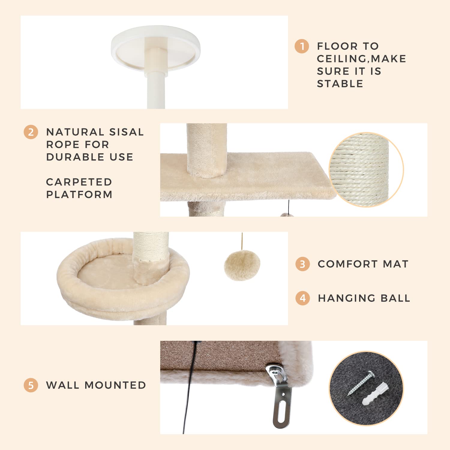 PETEPELA Cat Tree 5-Tier Adjustable Tower (95-108") - Beige Plush Activity Center with Scratching Post & Cozy Bed
