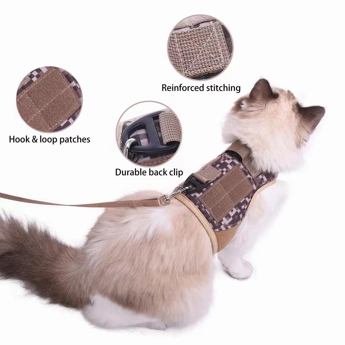 Tactical Kitty Harness And Leash For Walking Escape Proof, Desert Camo, Small, Adjustable Cat Walking Jackets, Padded Stylish Ca