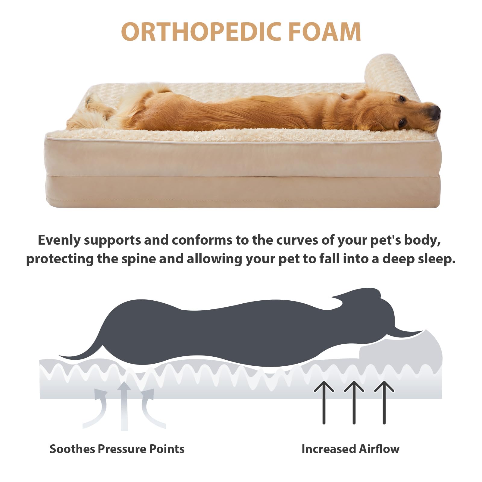 BFPETHOME Orthopedic Dog Bed for Large Dogs, Waterproof, Beige, 36"L x 27"W x 6.5"Th, Removable Washable Cover, Nonskid Bottom