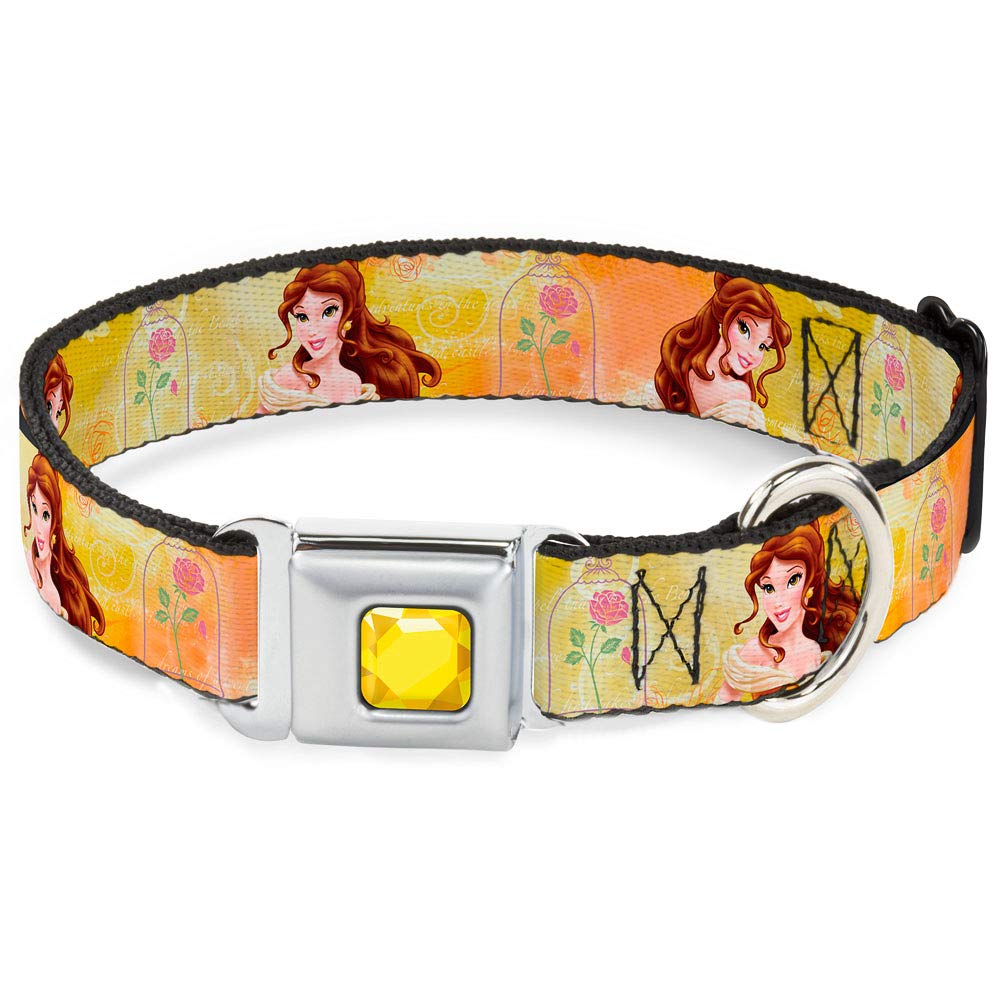 Buckle-Down Seatbelt Buckle Dog Collar - Belle Poses/Enchanted Rose/Story Script Yellow/Pinks - 1'' Wide - Fits 9-15'' Neck - Sm
