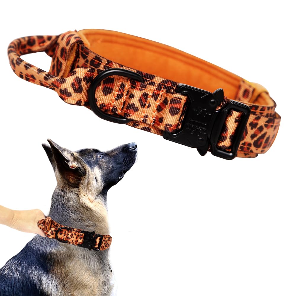 Tactical Military Nylon Collar - Adjustable, Heavy Duty Metal Buckle With Handle For Dog Training (Leopard, Xl)