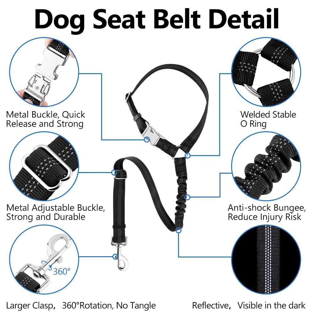 Plutus Pet Dog Seat Belt For Car Headrest, Reflective And Adjustable Restraint With Elastic Bungee For Safety, Vehicle Seatbelt