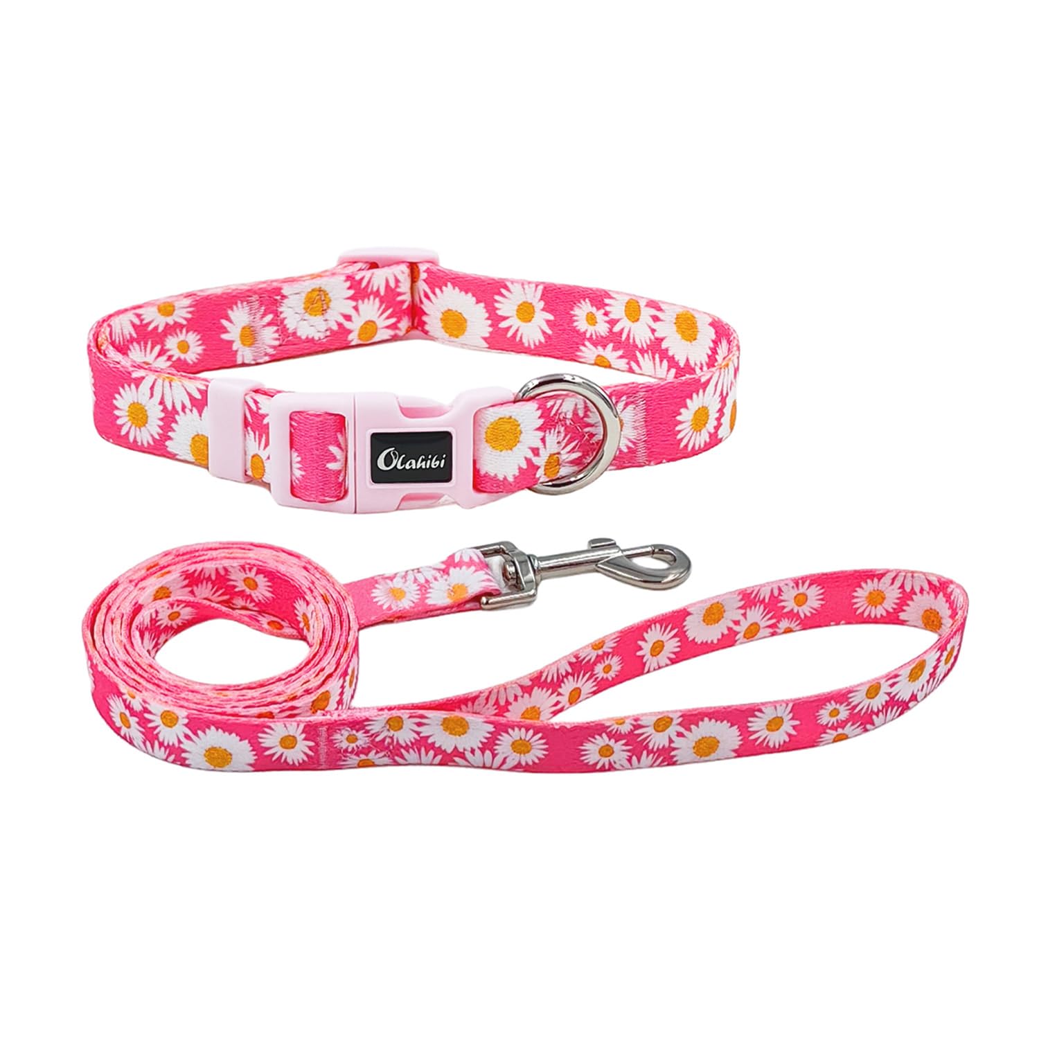 Olahibi Dog Collar And Leash Set, Cute Pink Daisy Pattern, Polyester Material, 5Ft Leash, For Large Dogs.(Large, Pink Daisy)