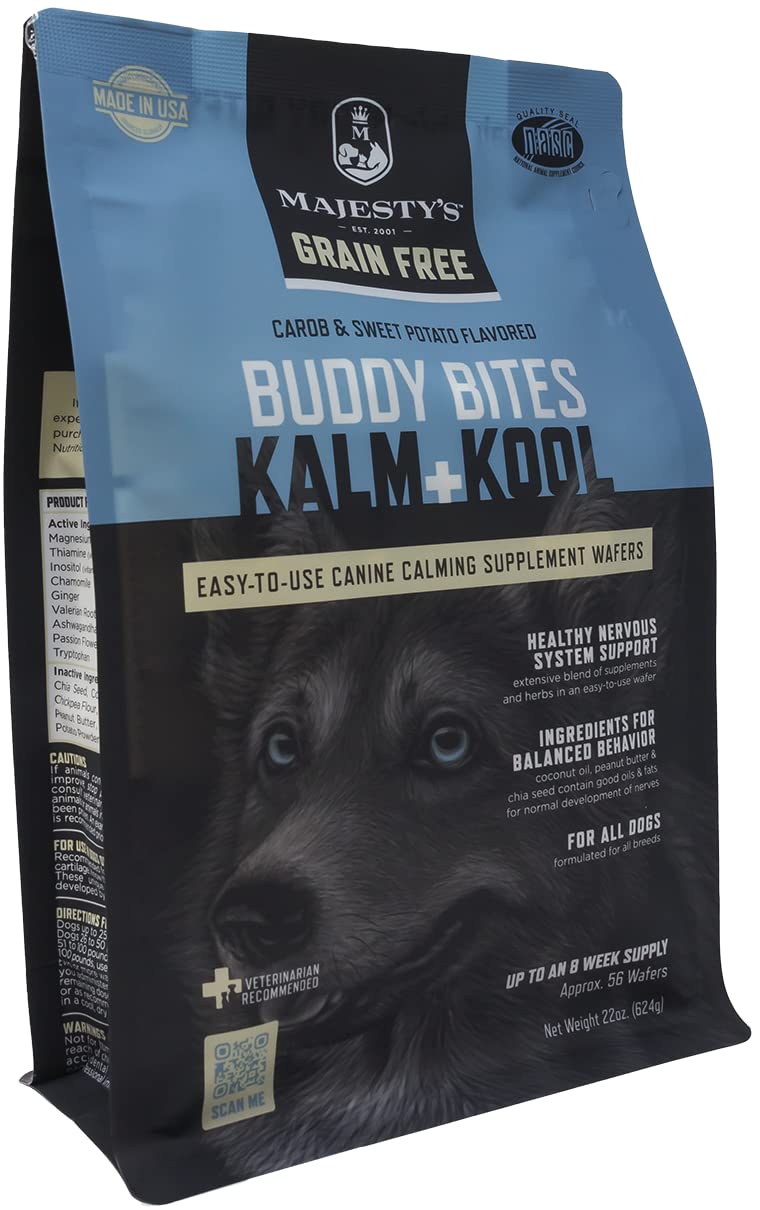 Majestys Grain-Free Buddy Bites Kalm and Kool Wafers for All Dogs - Superior Nervous System Support Supplement - Carob and Swee