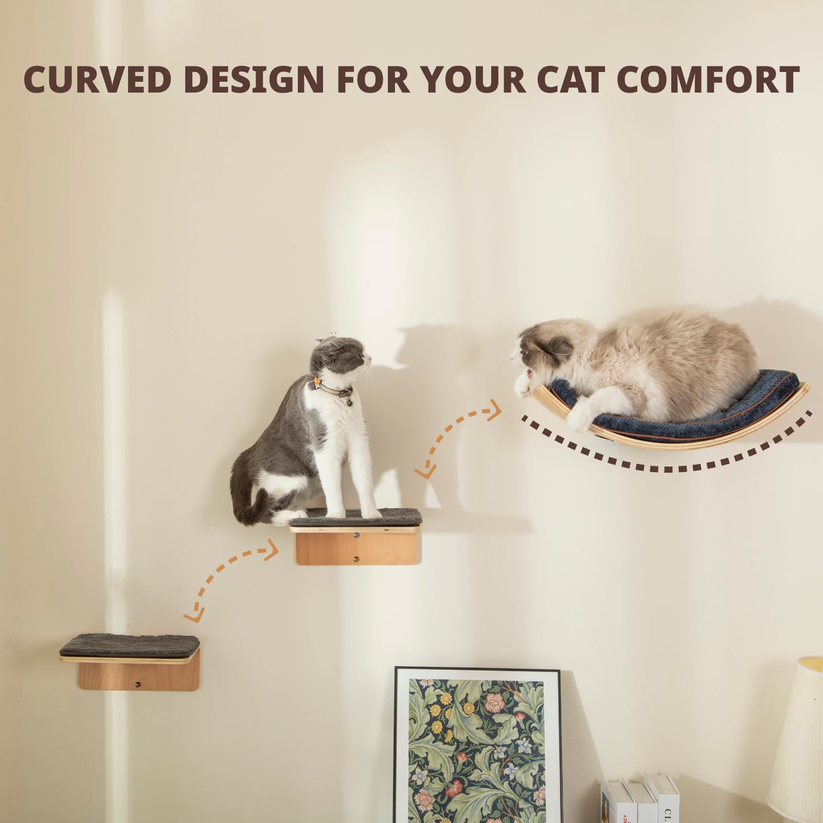 LIORCE Cat Wall Shelf - Waved Two-Step Wooden Perches for Climbing & Lounging - Cream and Blue