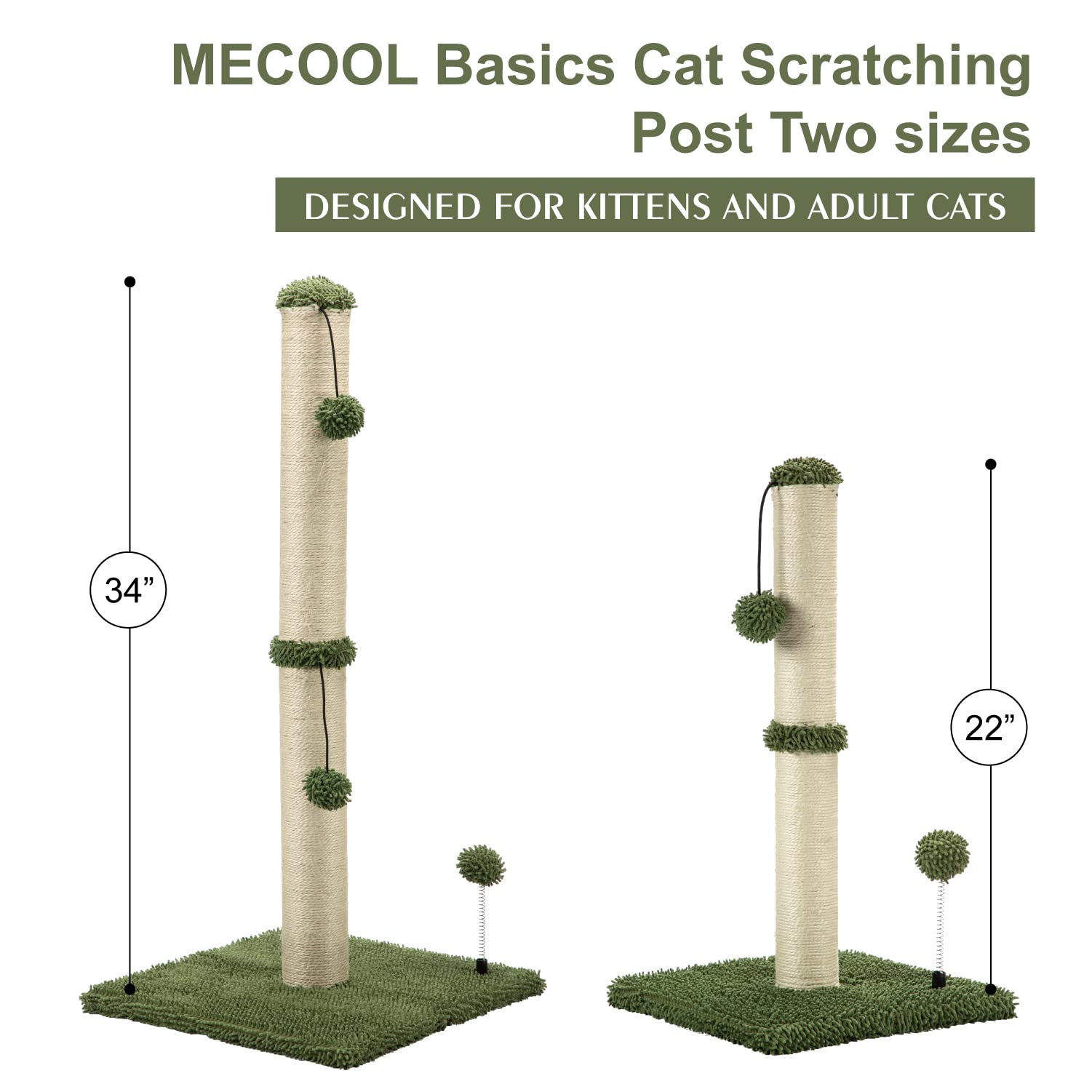 Mecool Cat Scratching Post Premium Basics Kitten Scratcher Sisal Scratch Posts With Hanging Ball 22In For Kittens Or Smaller Cats (22 Inches For Kitten, Cactus Green)
