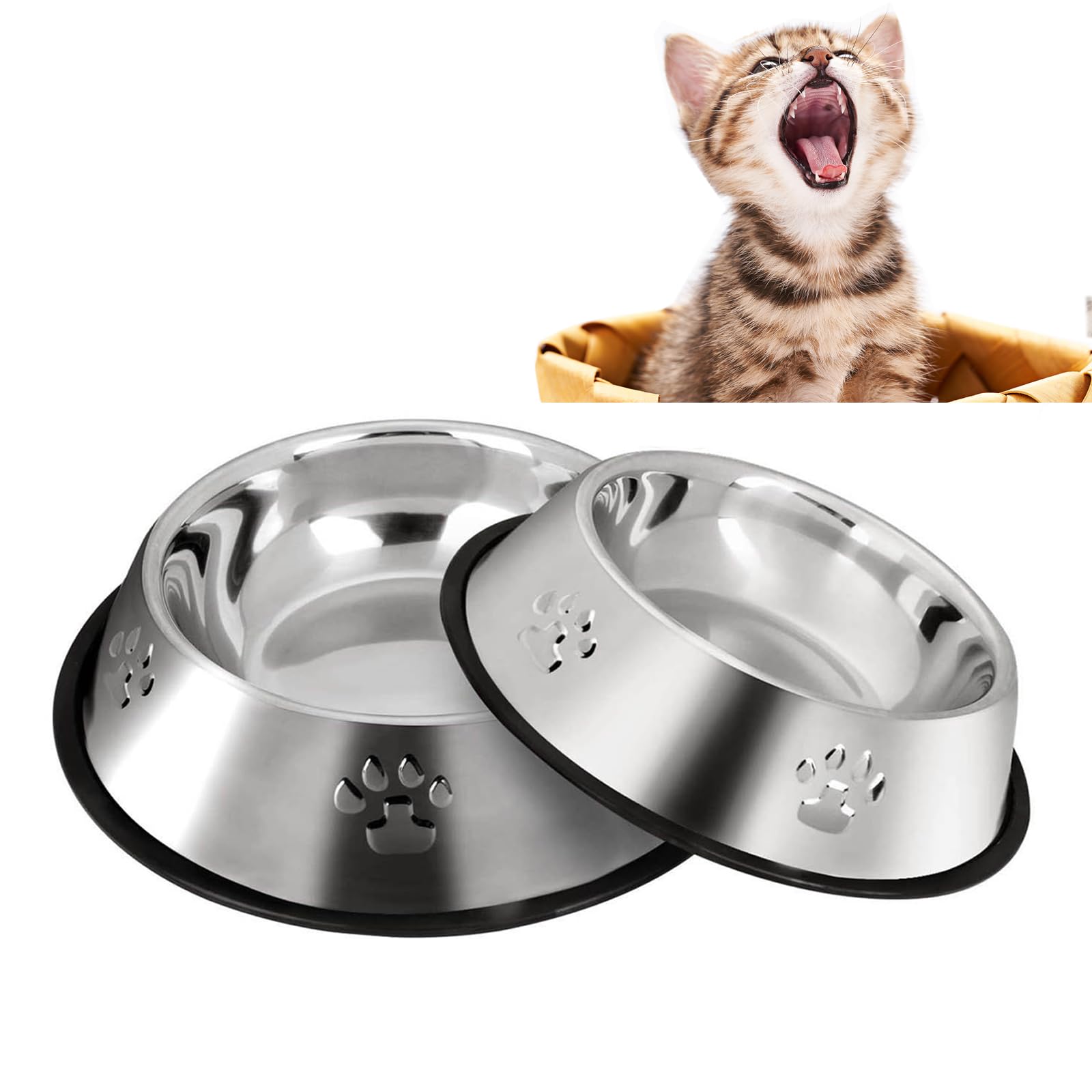 YUDANSI 2 Stainless Steel Dog Bowls, Puppy Cat Feeding Bowls, Shallow Cat Dish with Rubber Base, Mini and Small Pet Feeder Food 