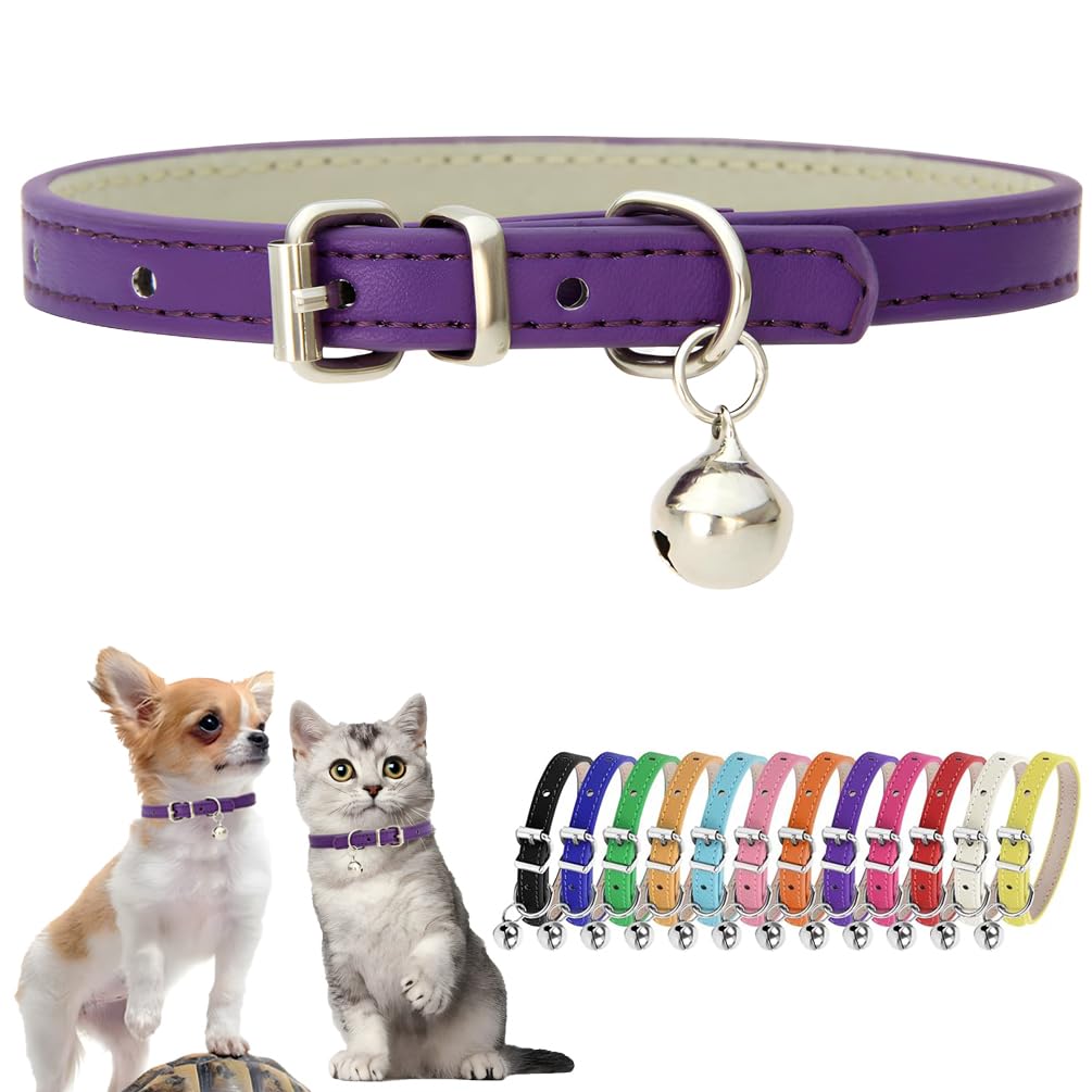 Purple Xs Dog Collar With Bell Leather Puppy Collar With Bell Adjustable Buckle Kitten Cat Collars For Xxsmall Xsmall Tiny Littl