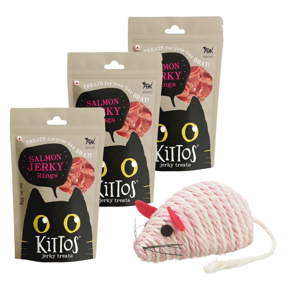 Combo Of 1Pack Of Trixie Sisal Rope Mouse Interactive Chew Safe Toy, 10 Cm And 3 Pack Of Kittos Protein Rich Tasty Salmon Rings 